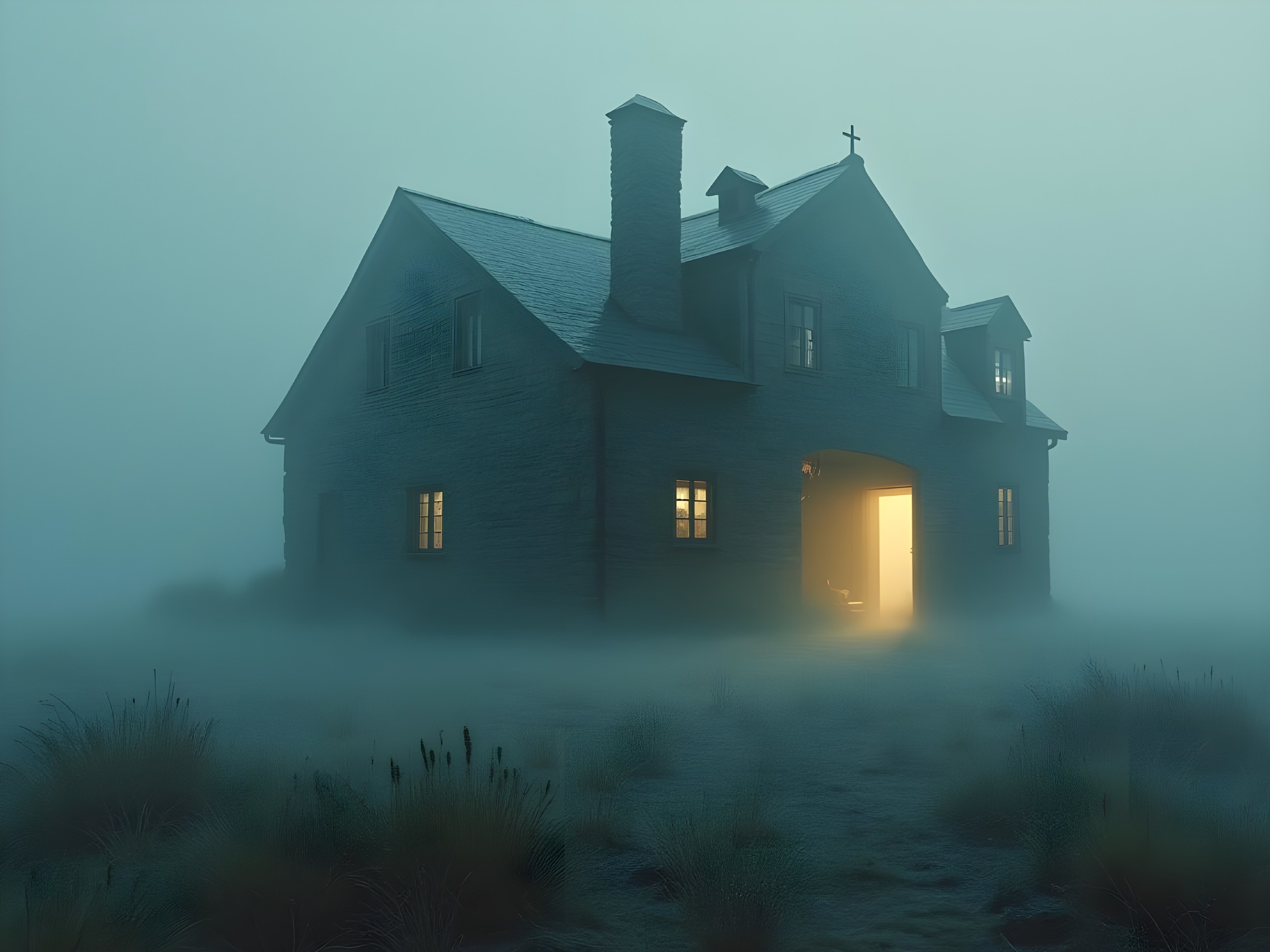 Mysterious House in Foggy Landscape with Warm Glow
