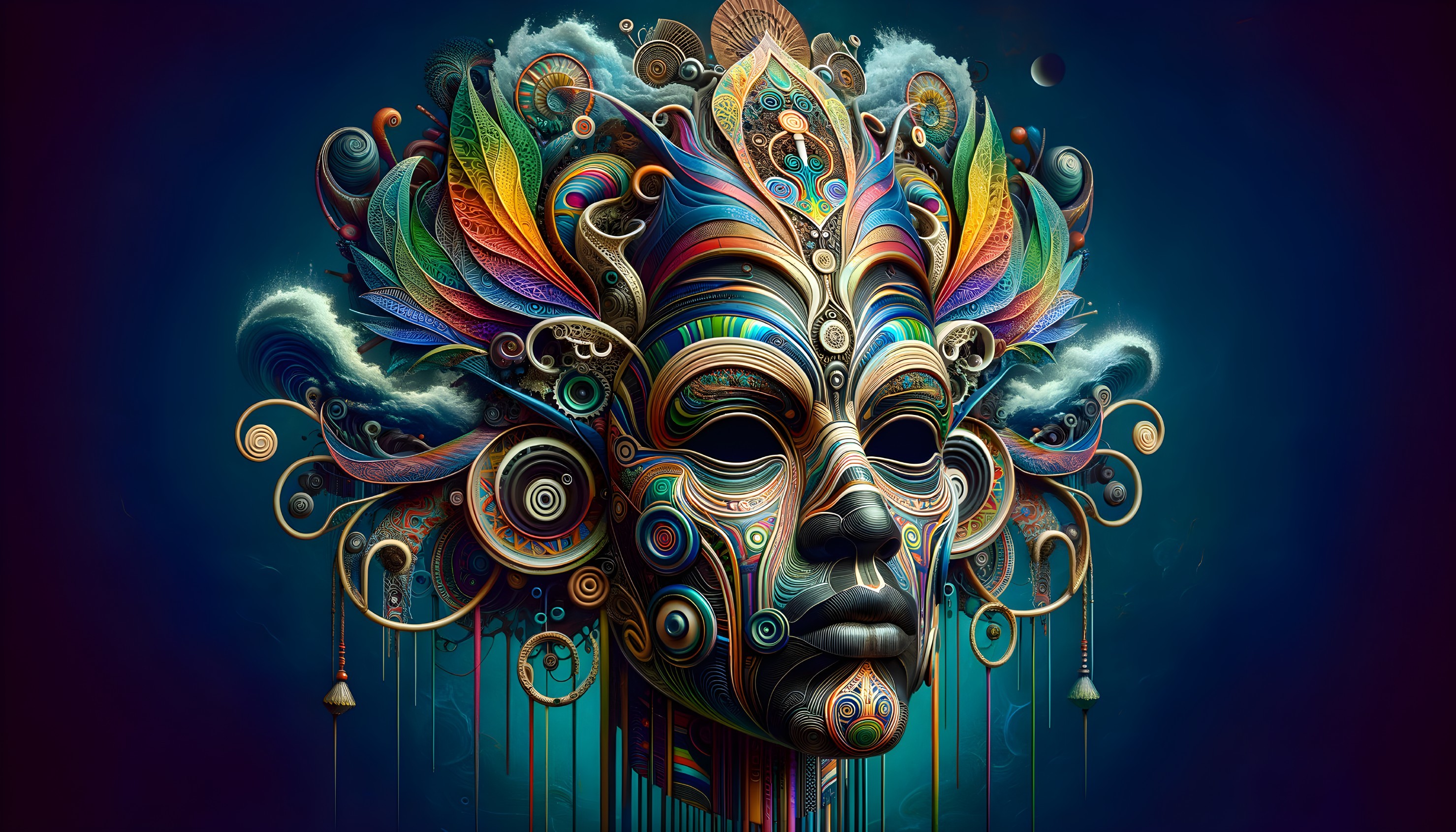 Colorful Stylized Face Artwork with Mystical Headdress on Dark Blue Background