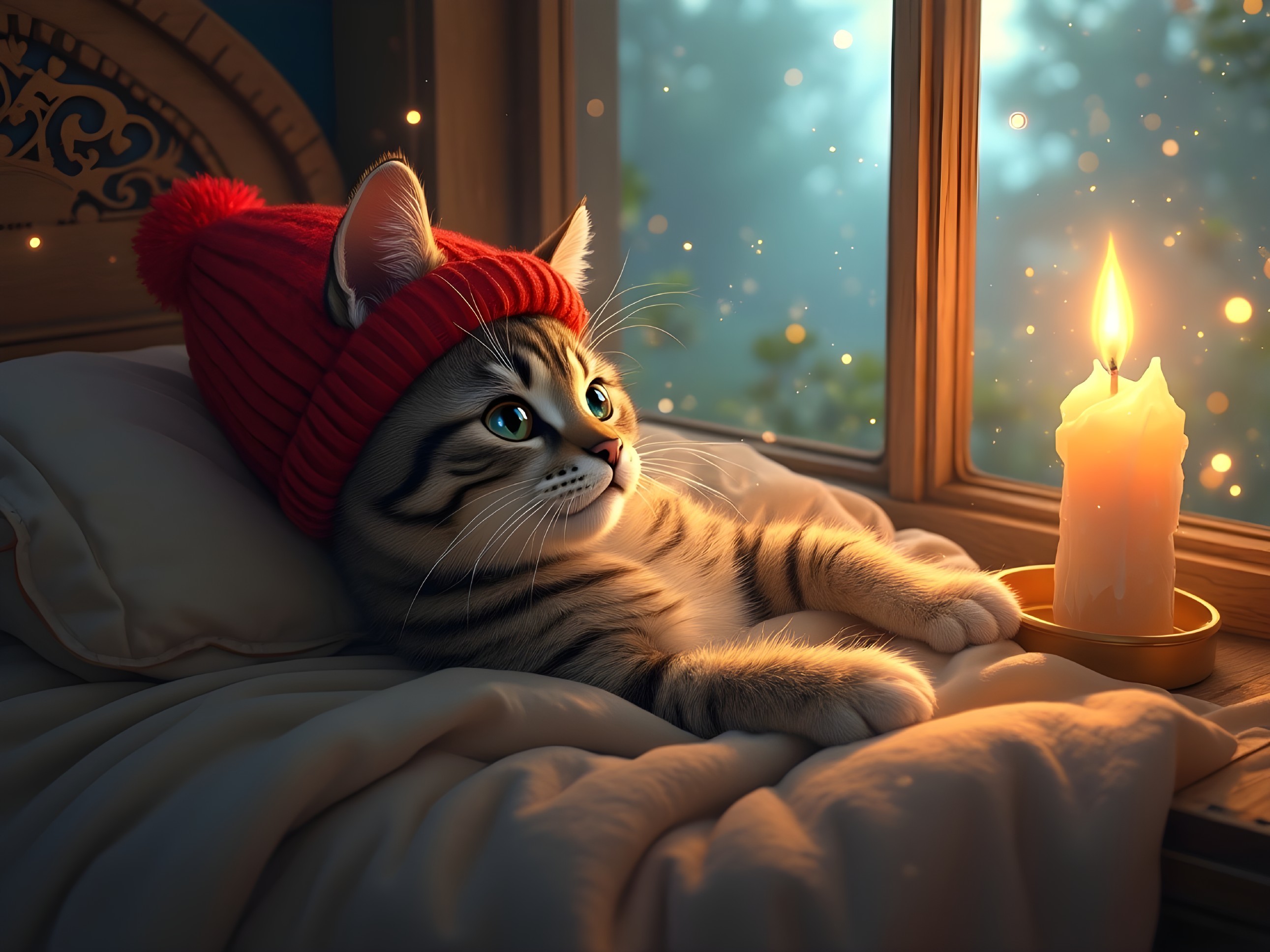 Cozy Tabby Cat in Red Hat on Bed with Candlelight