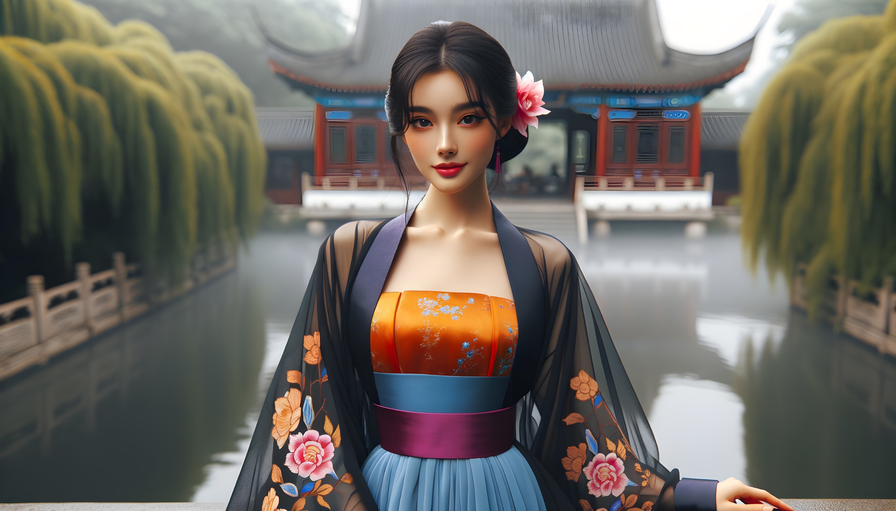 Digital Artwork of Woman in Traditional Asian Attire
