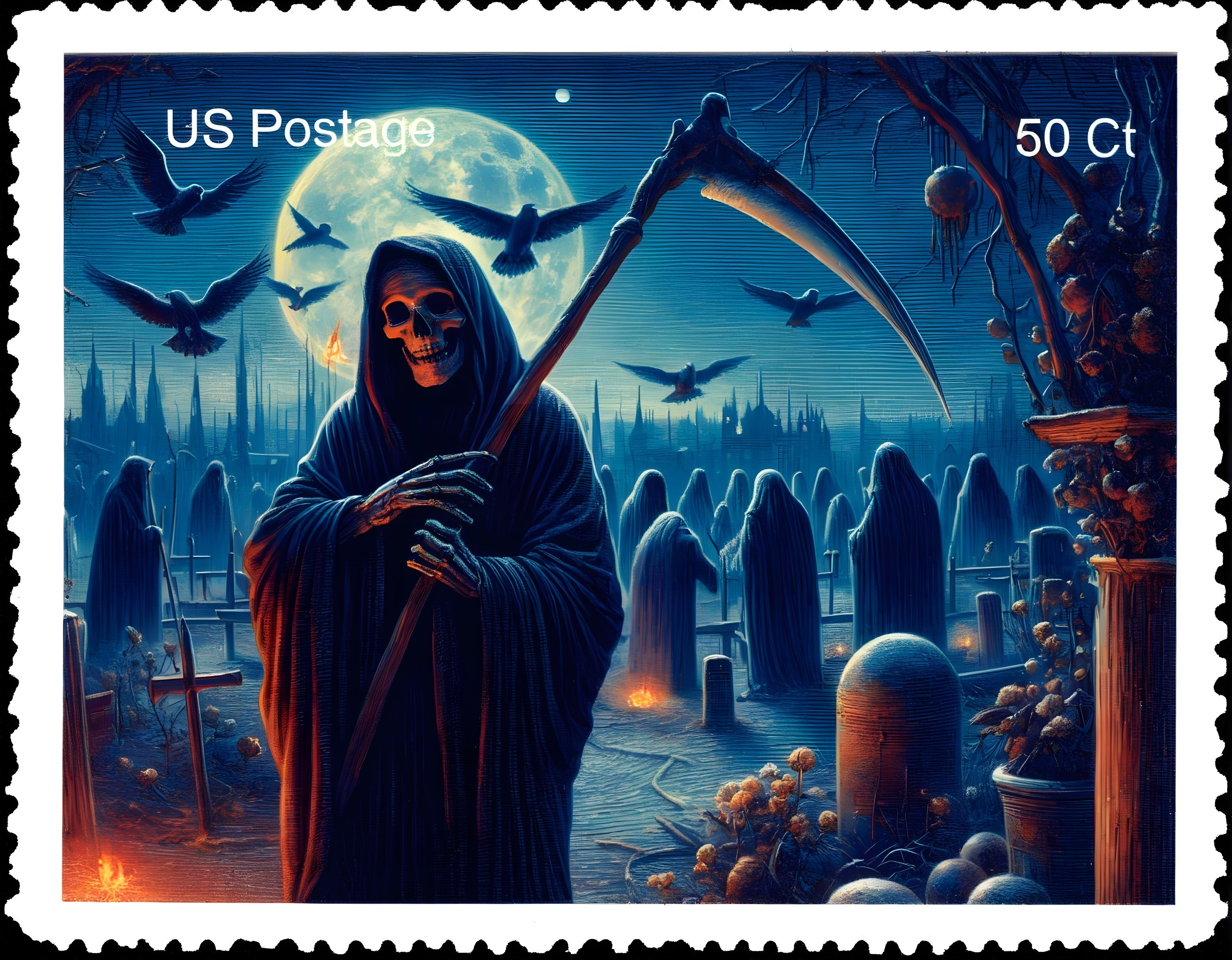 Haunting Postage Stamp Design with Skeletal Figure