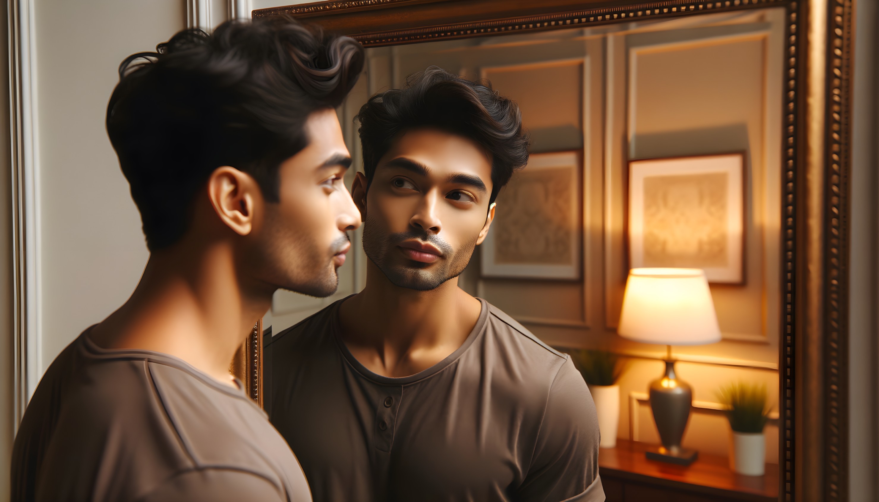 Man in Brown Shirt Reflecting Near Illuminated Lamp