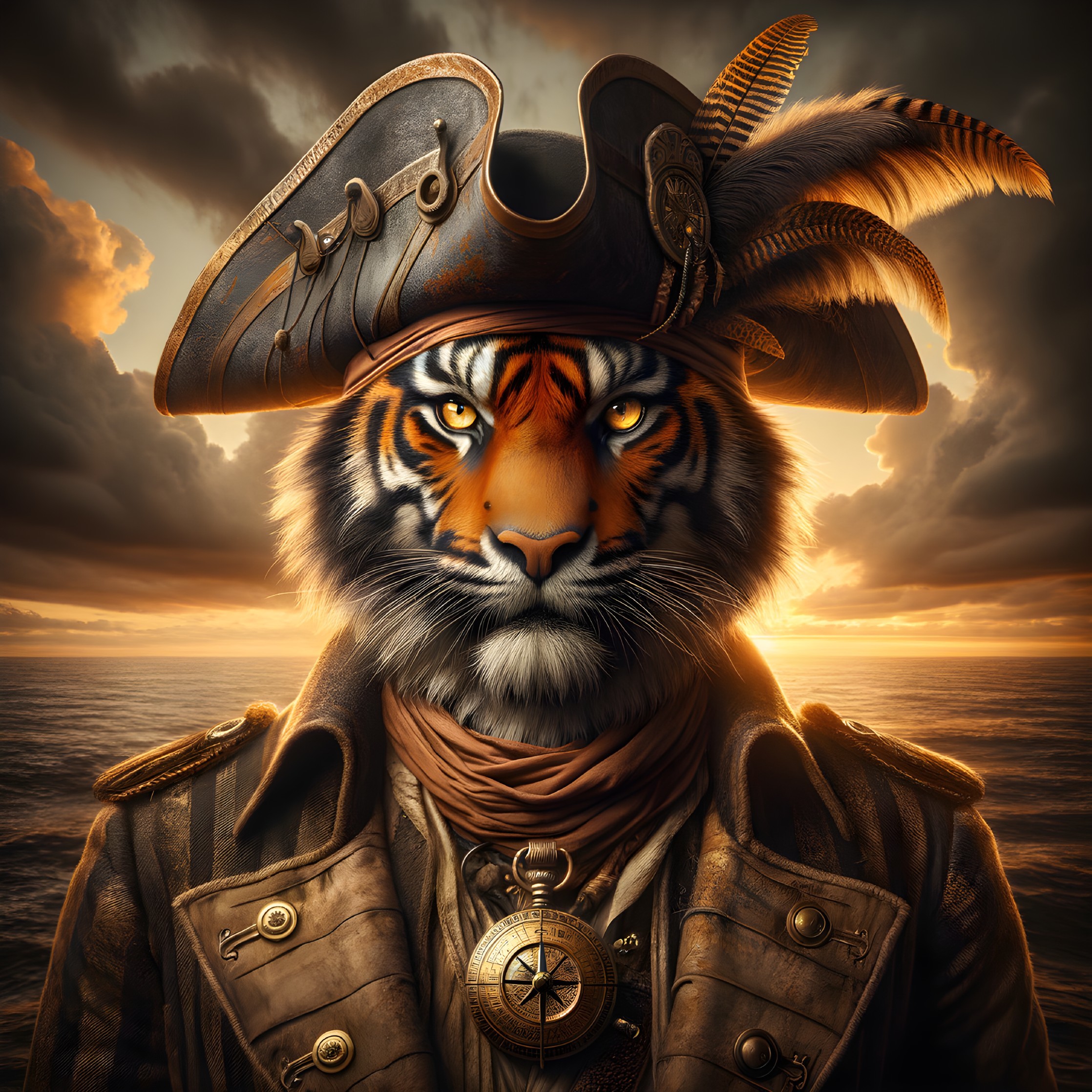 Tiger Portrait in Pirate Attire Against Sunset Ocean