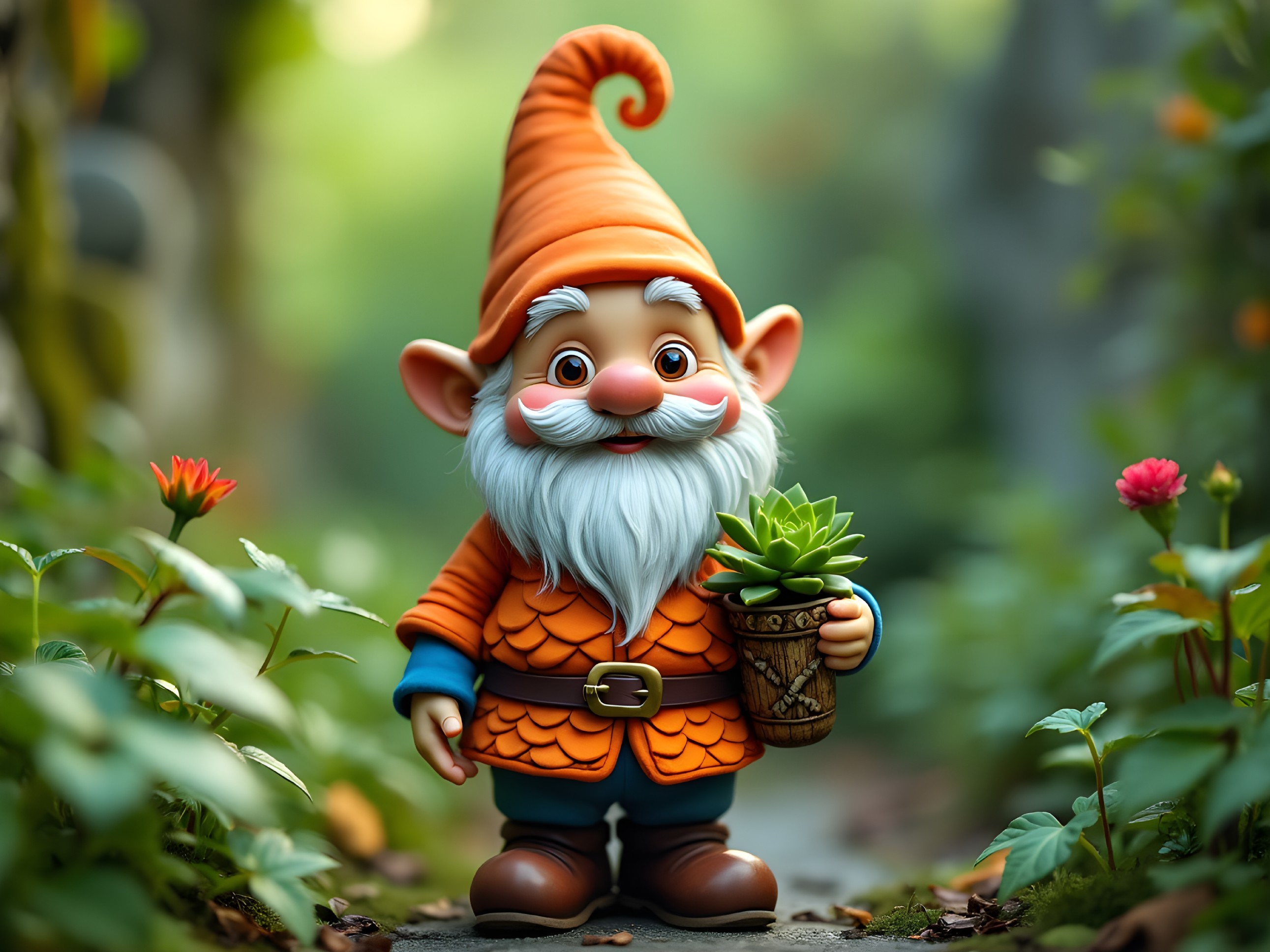 Cheerful garden gnome in vibrant garden setting