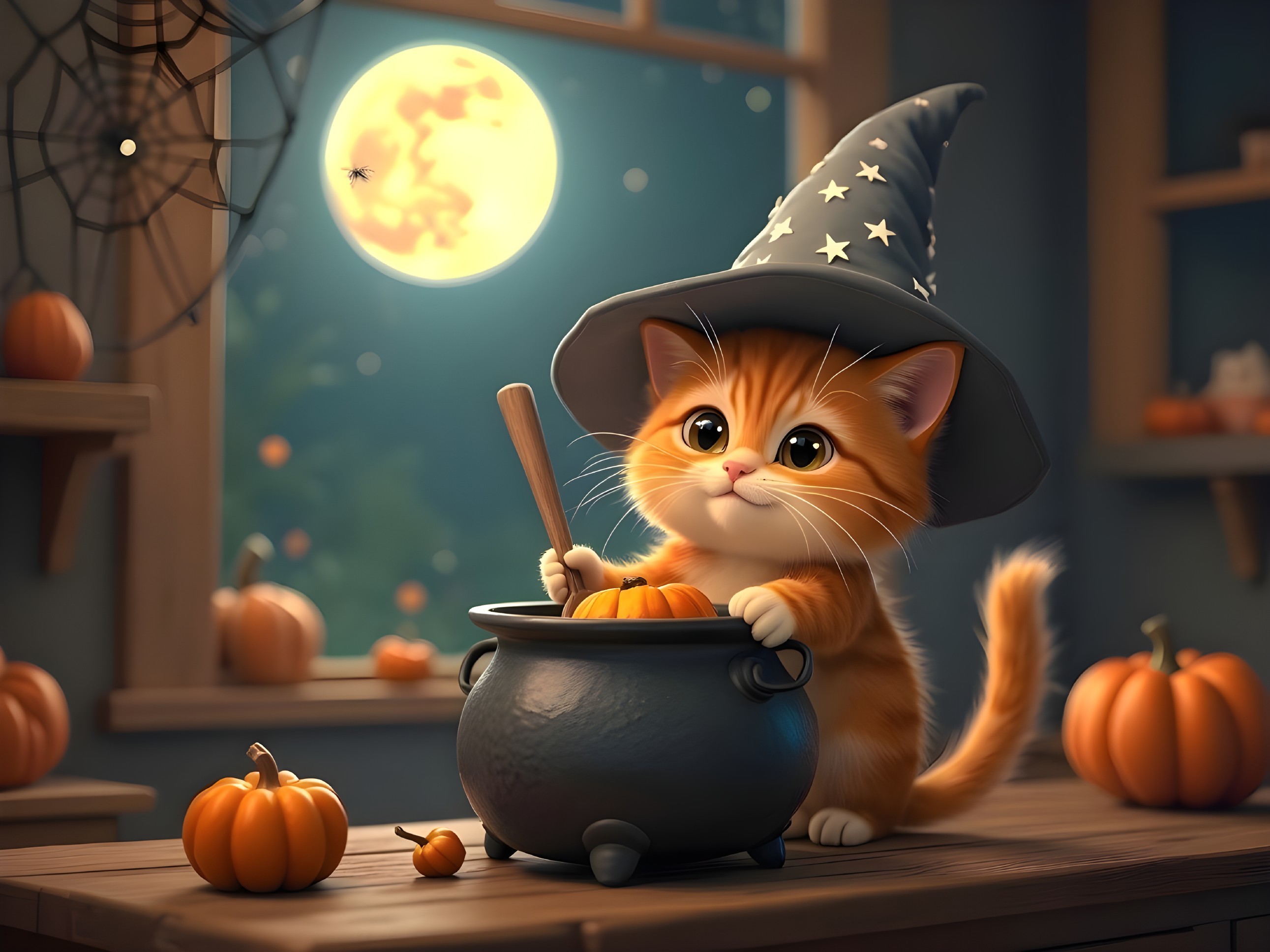 Orange kitten in witch hat with bubbling cauldron