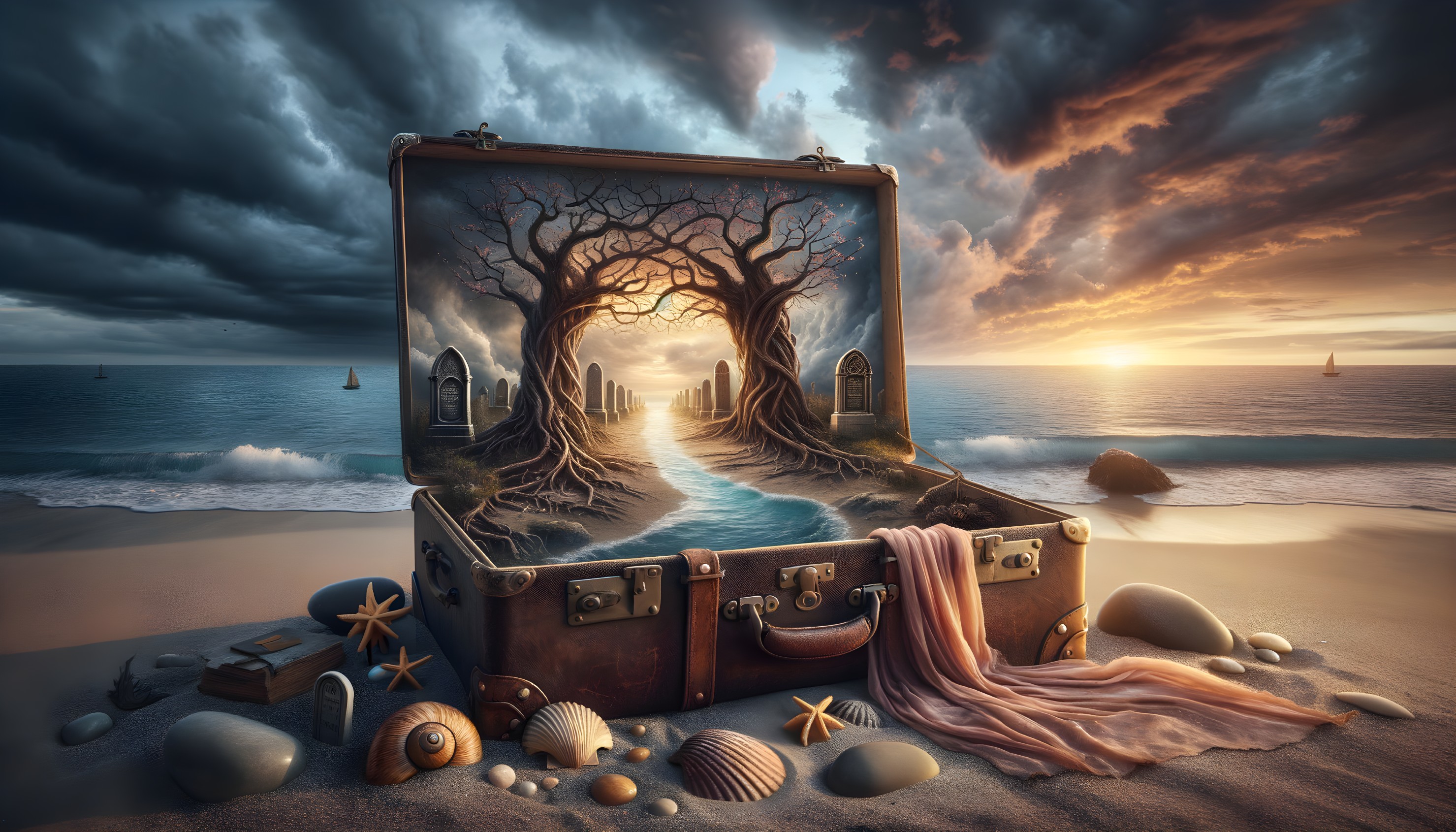 Open Suitcase on Beach with Surreal Landscape Inside