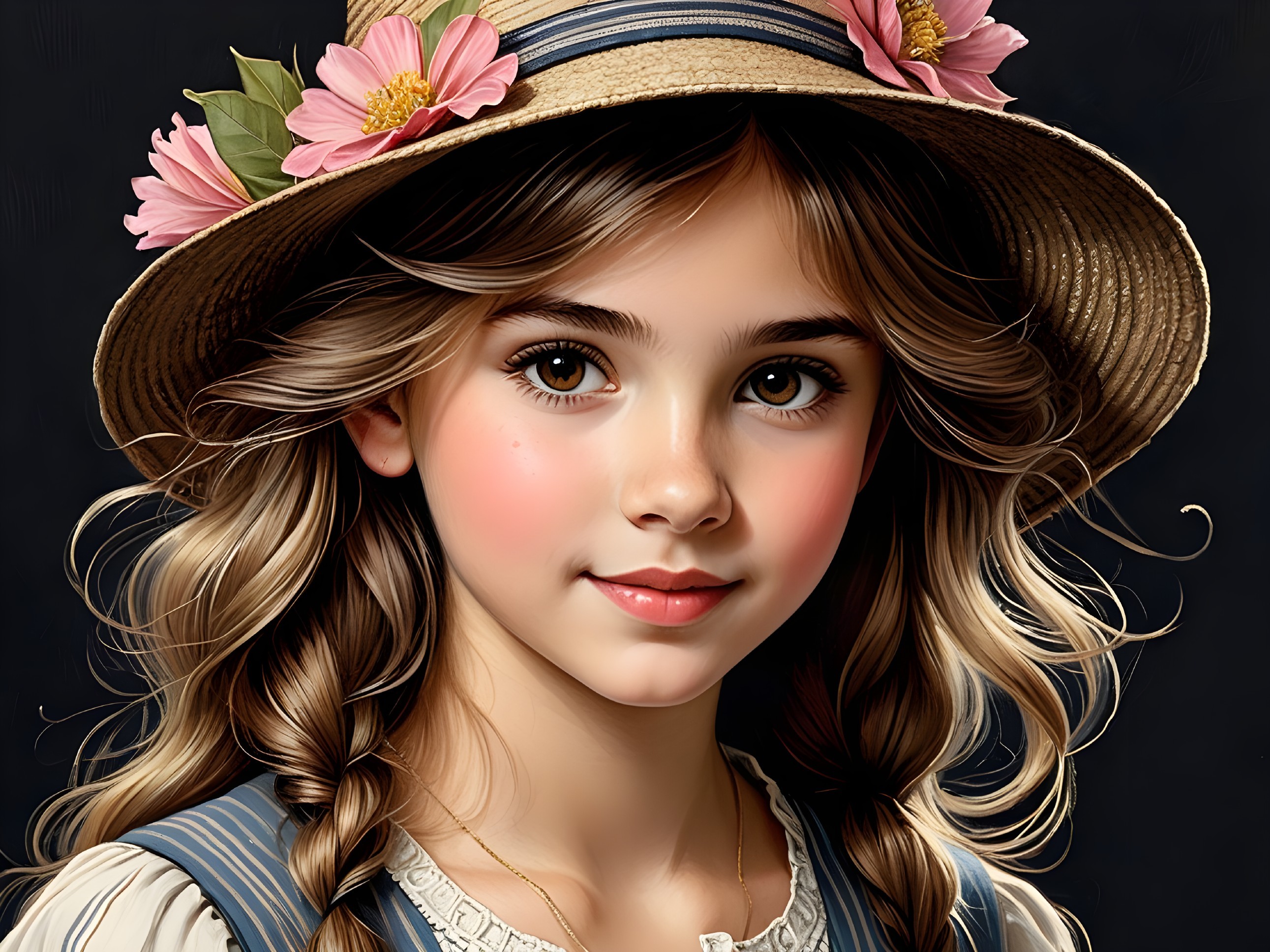 Young girl in floral hat and blue dress against dark backdrop