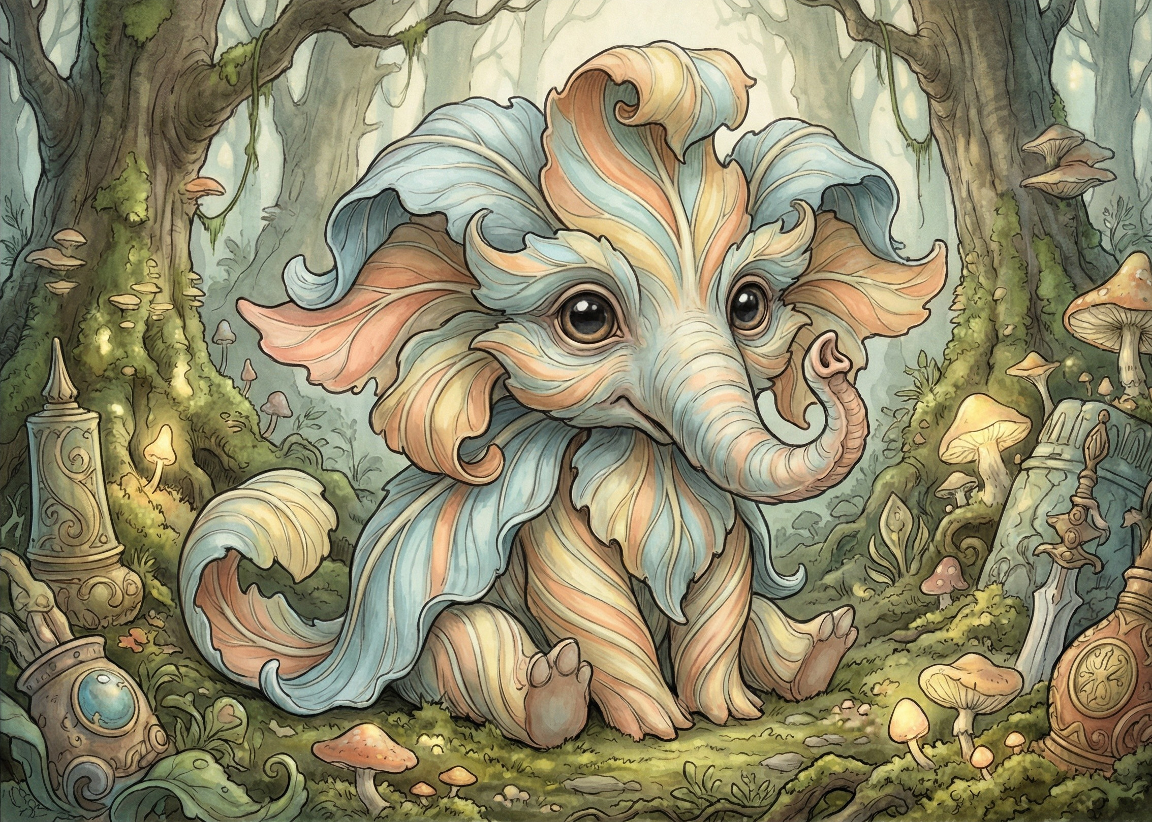 Whimsical Digital Illustration of a Baby Elephant in Nature