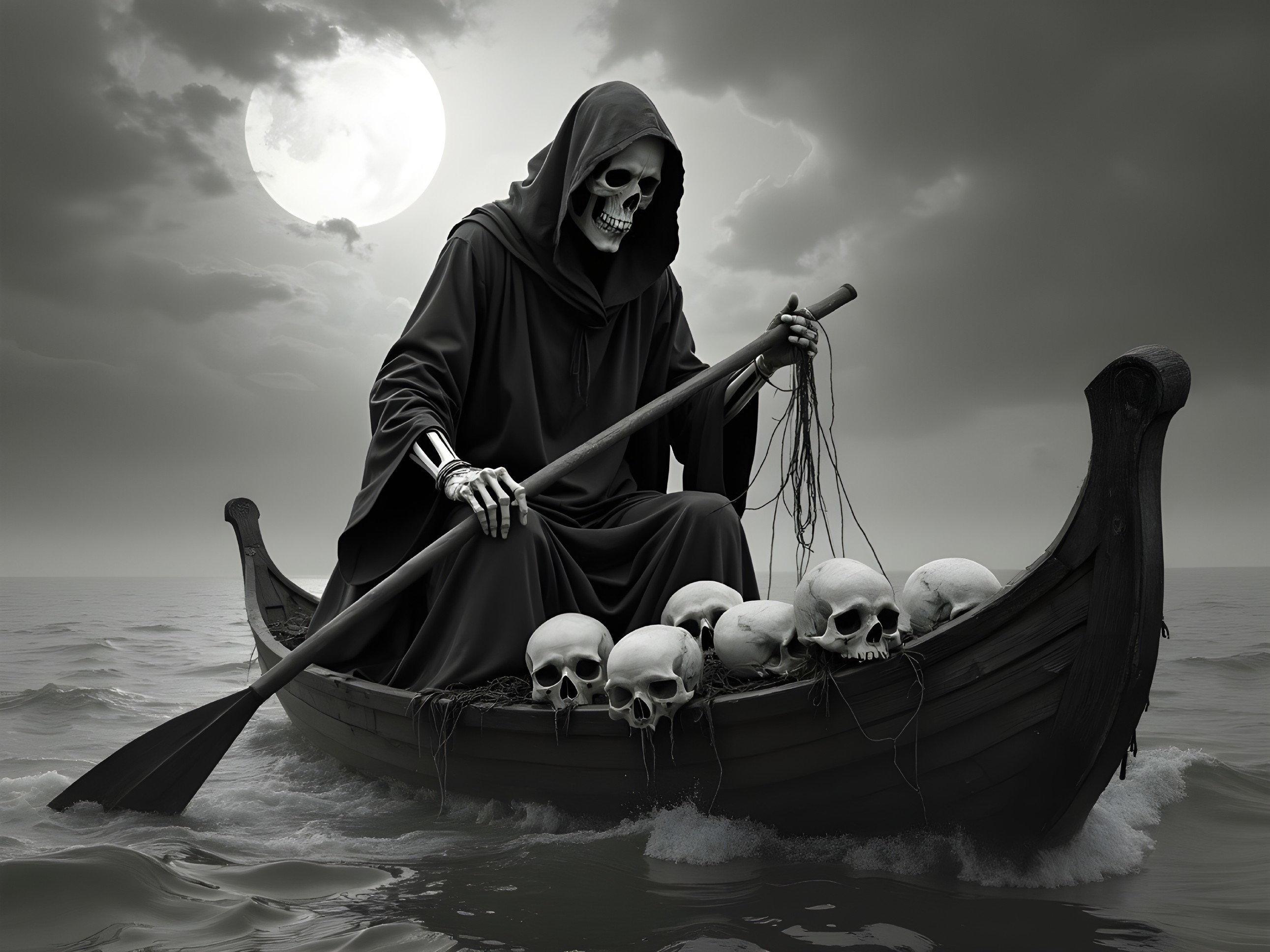 Cloaked Figure in Boat Surrounded by Skulls at Night