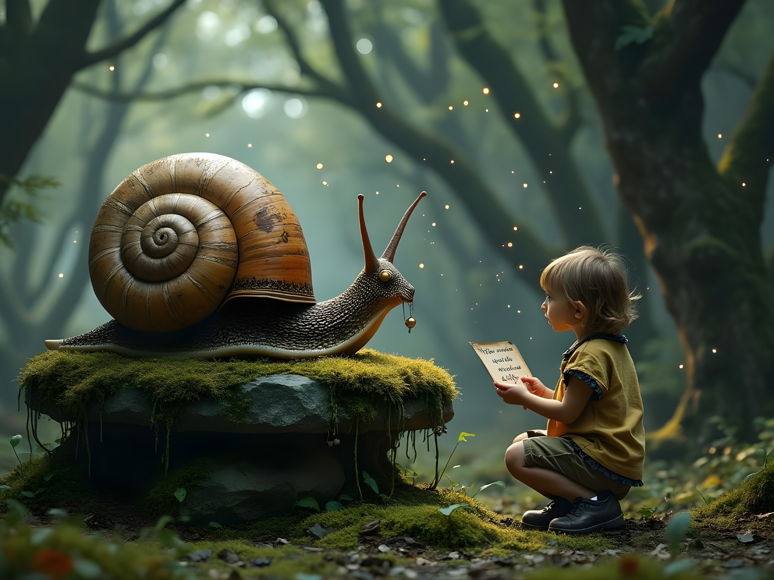Child Observing Whimsical Snail in Mystical Forest