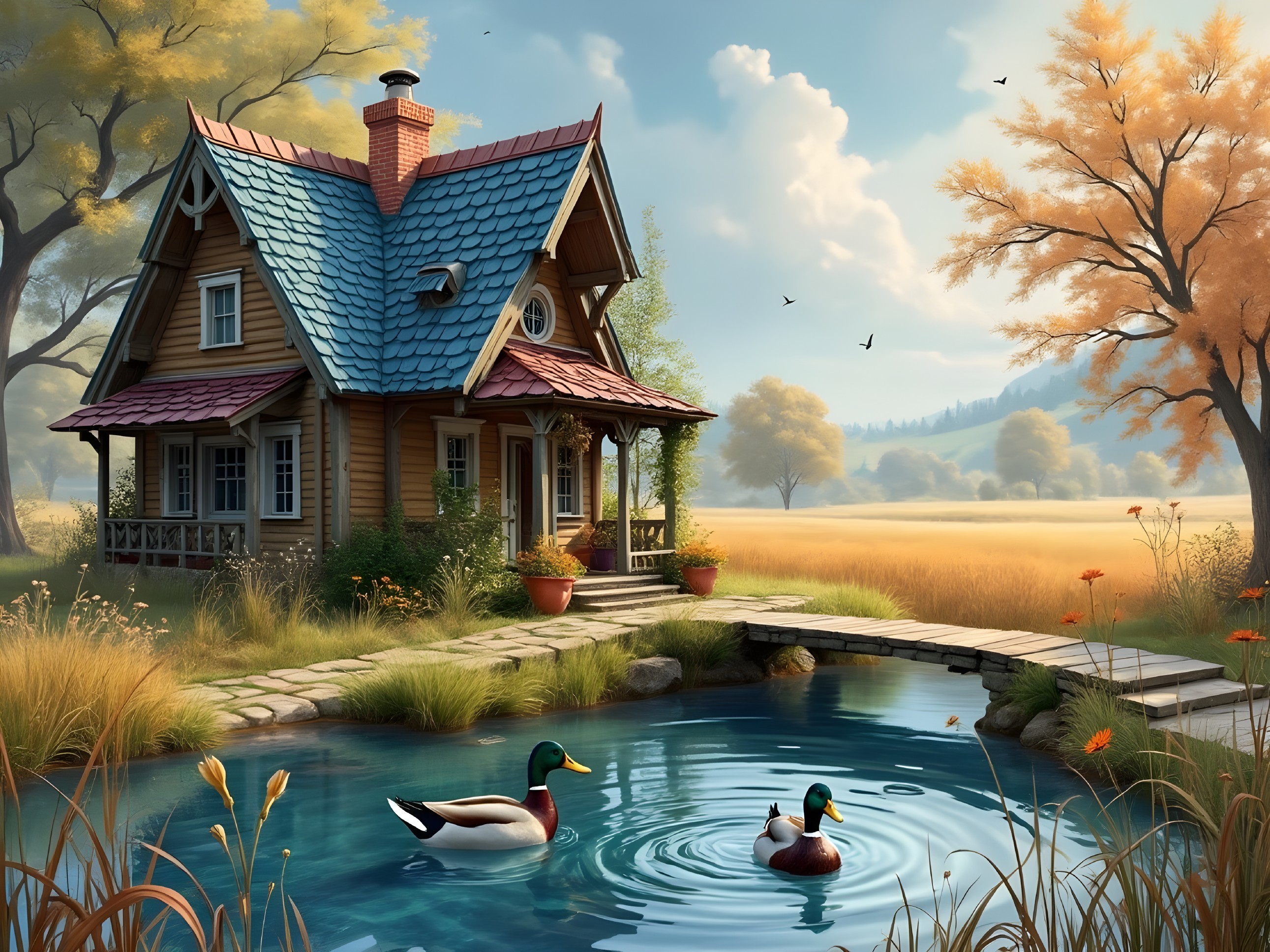 Wooden Cottage by Tranquil Pond in Autumn Foliage
