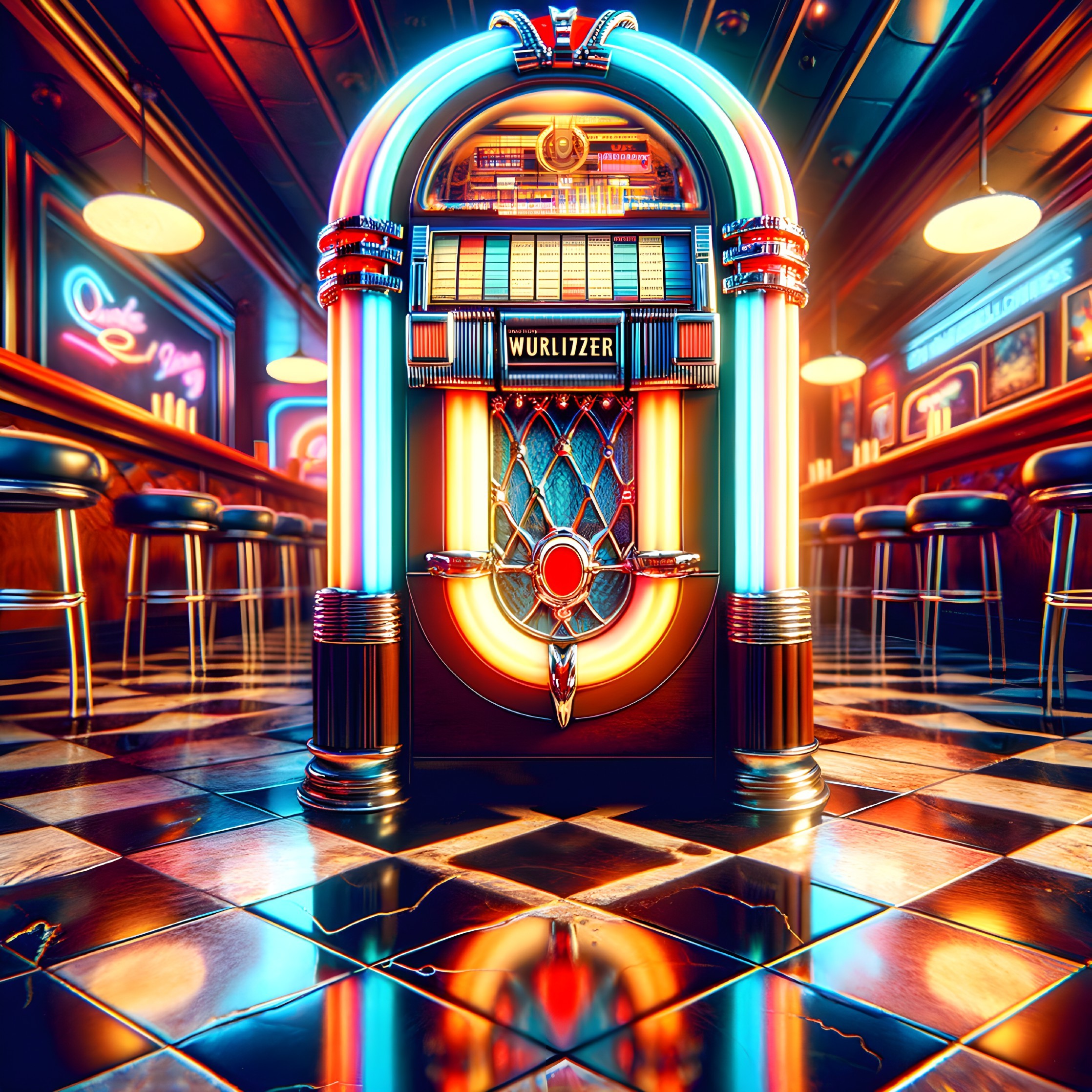 Retro diner with vintage Wurlitzer jukebox and neon lights