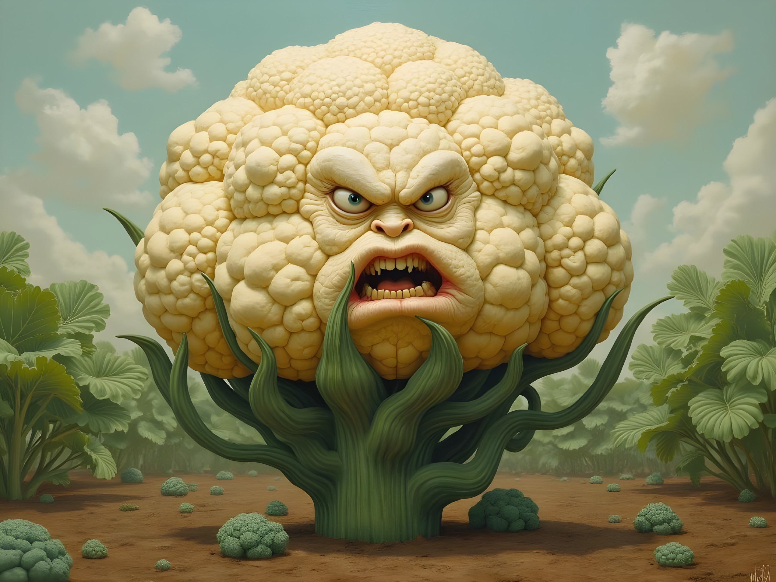 Giant Cauliflower with Angry Face in Whimsical Landscape