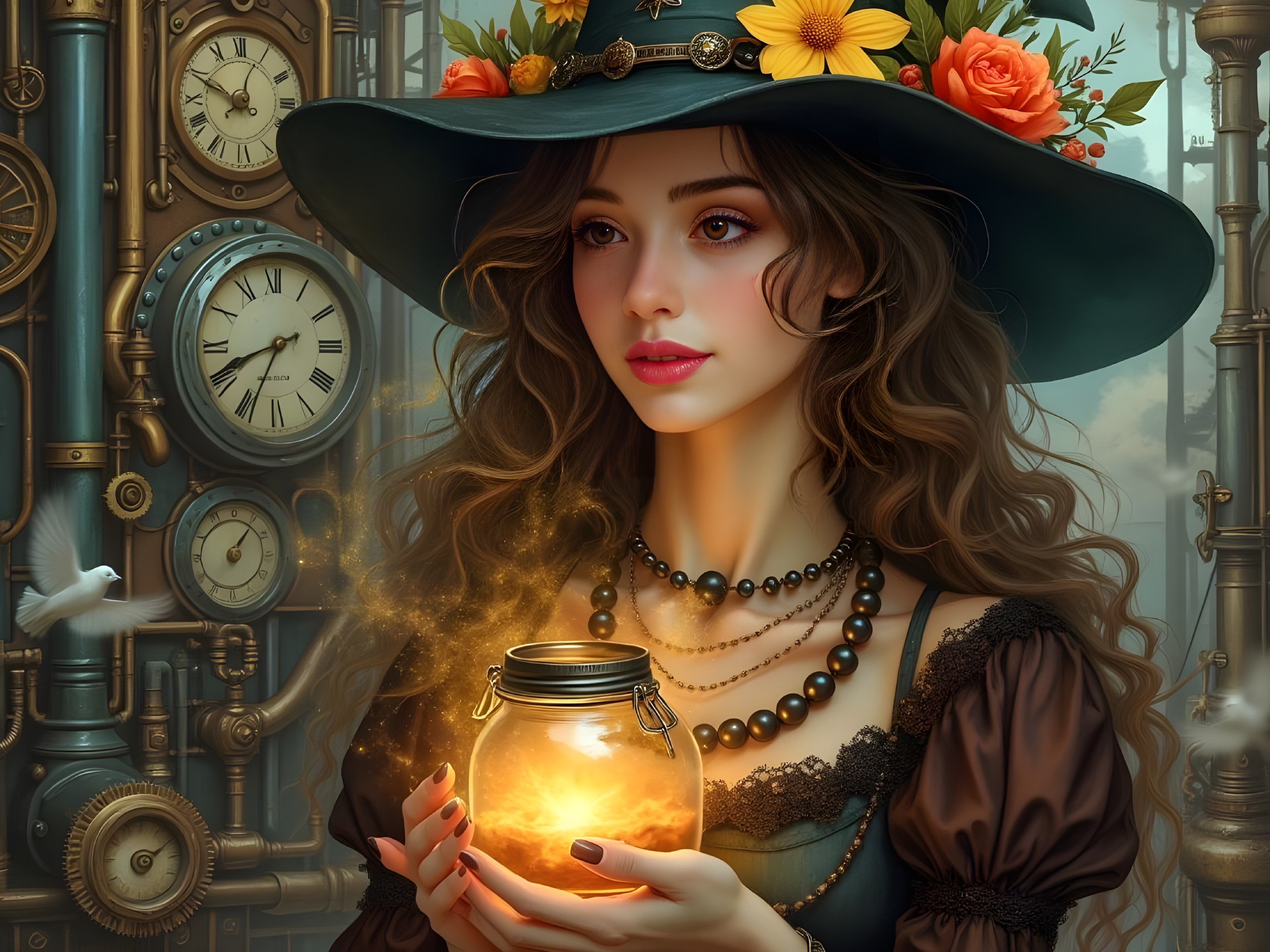 Young woman in hat with glowing jar and steampunk clocks
