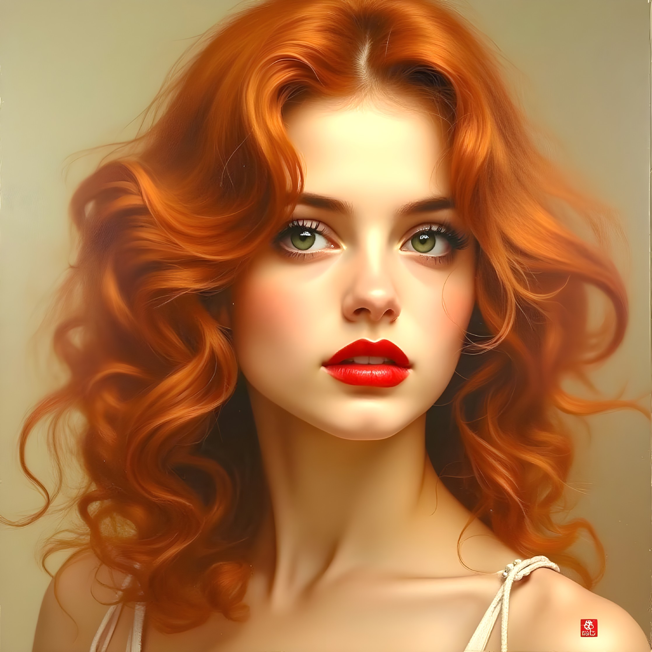 Portrait of a young woman with red hair and green eyes