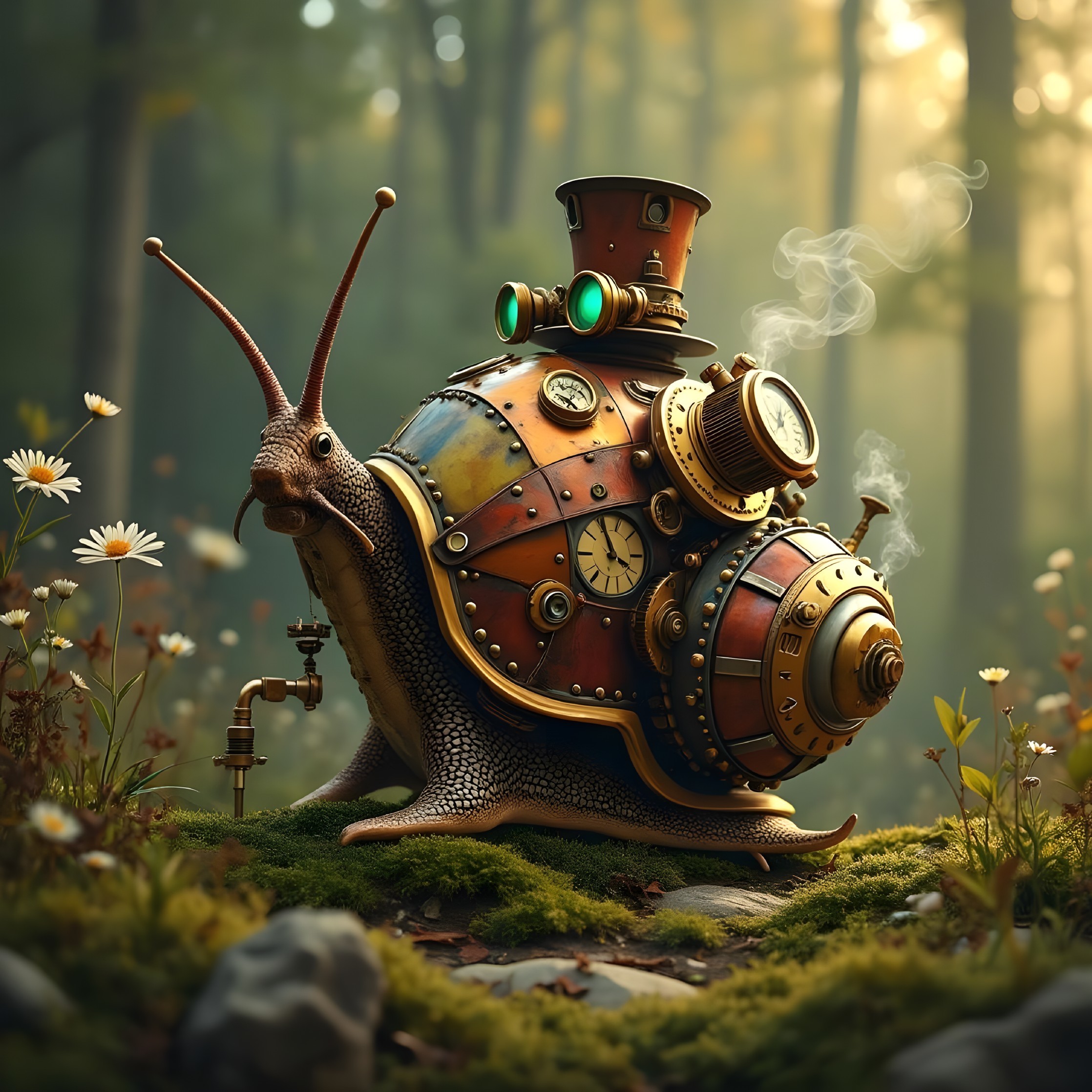 Steampunk Snail in a Misty Forest Setting