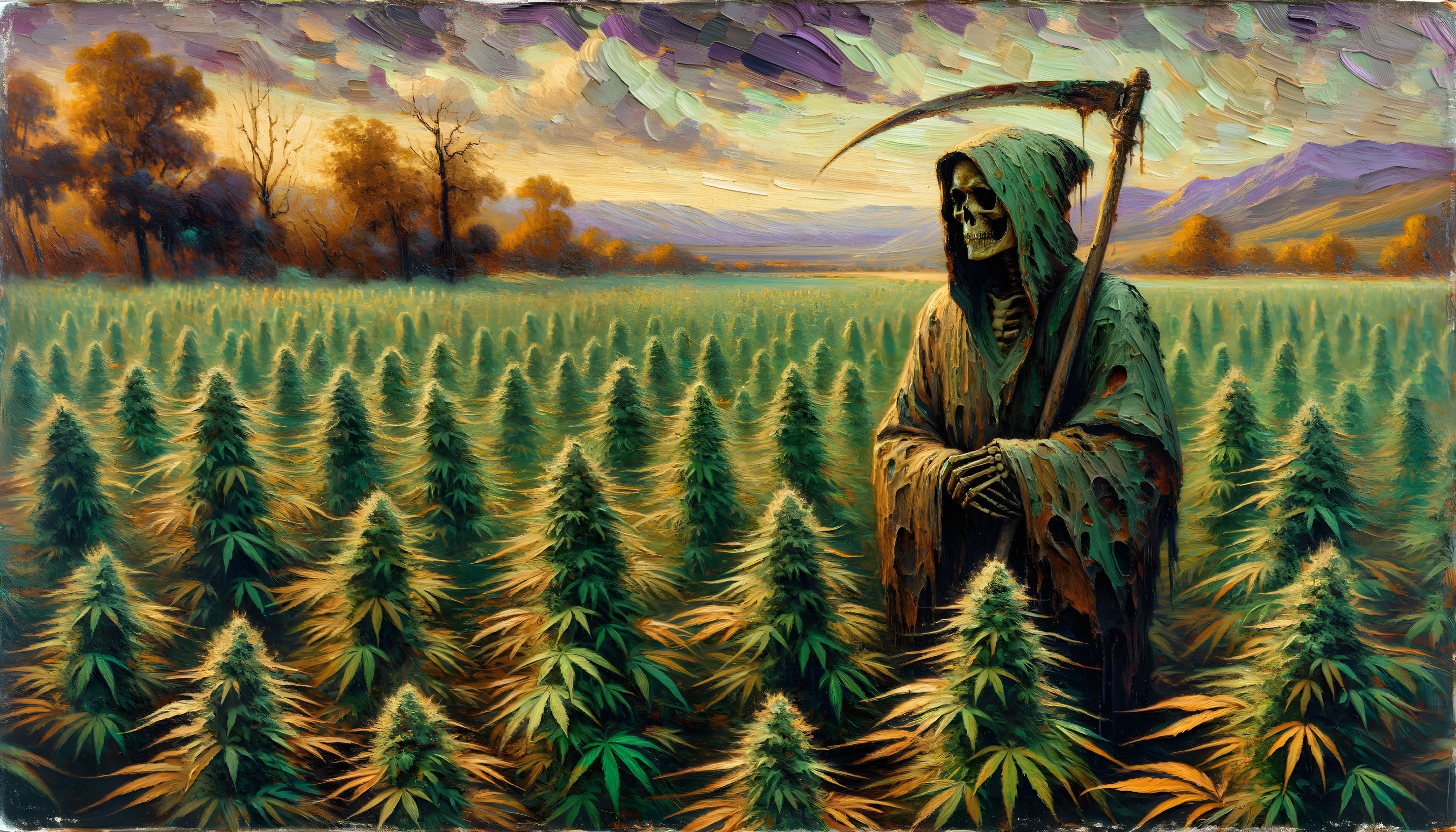 Skeletal Figure Among Cannabis Plants at Sunset
