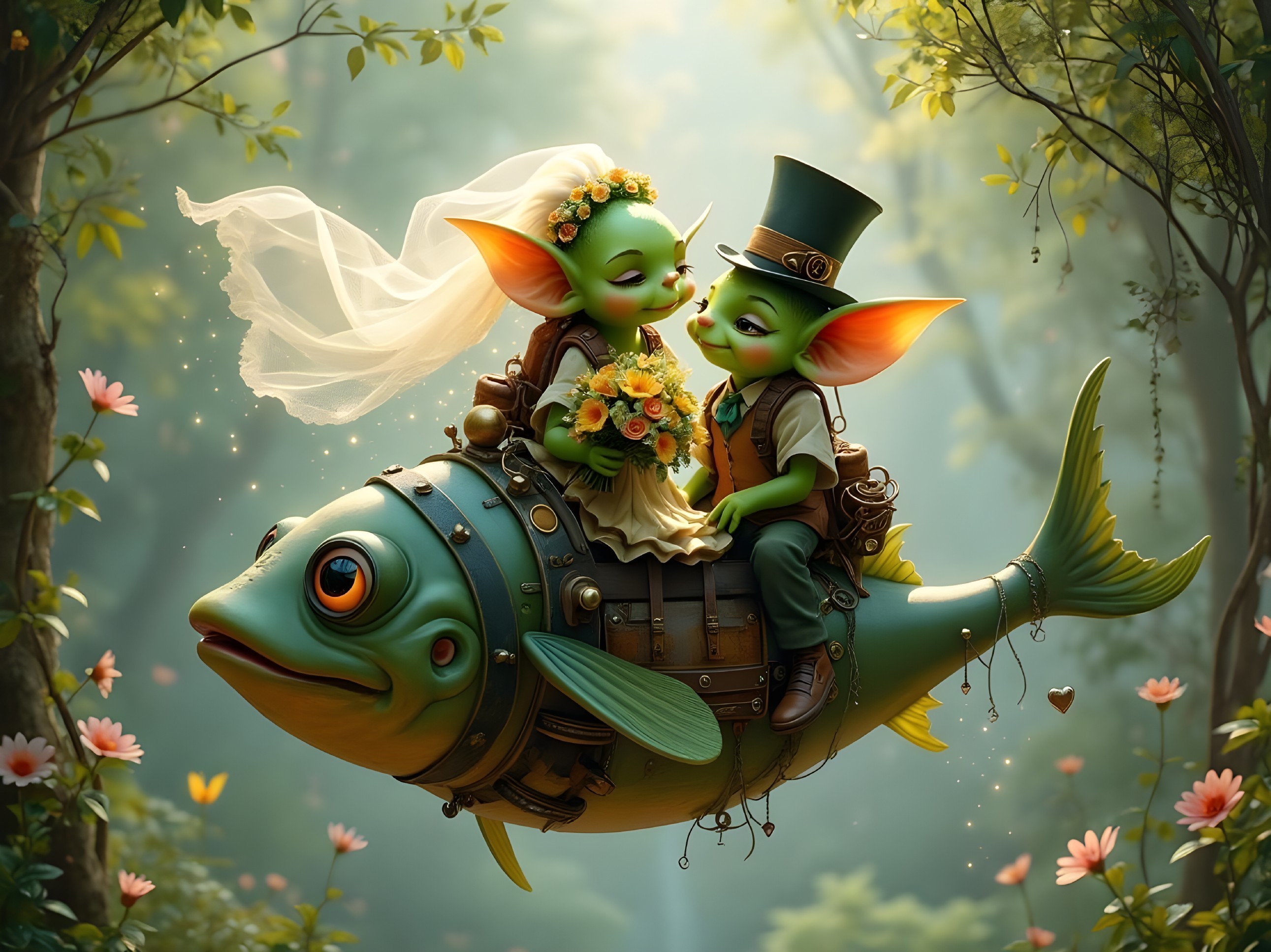 Whimsical Forest Scene with Steampunk Creatures