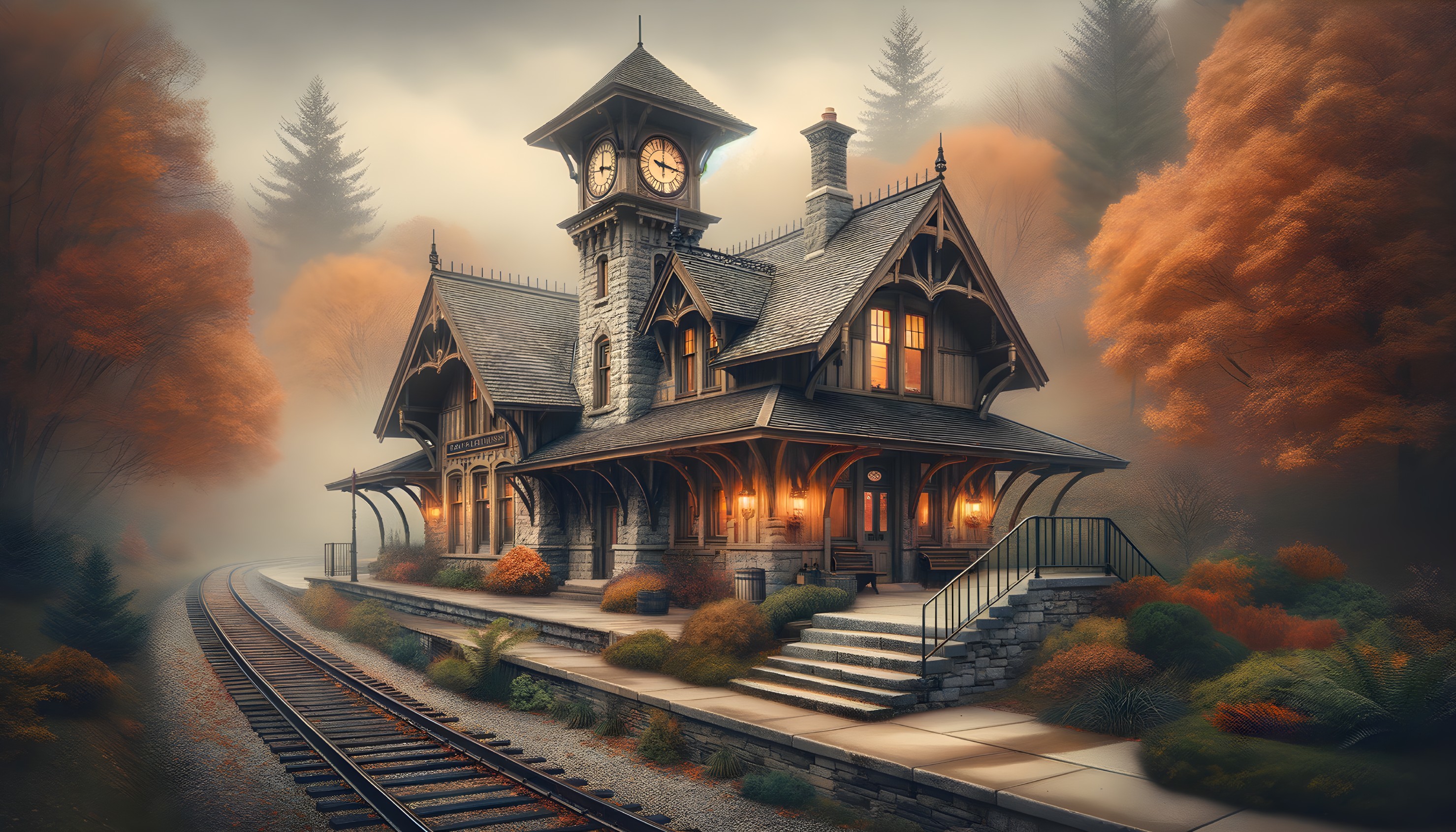 Victorian Train Station Surrounded by Autumn Foliage