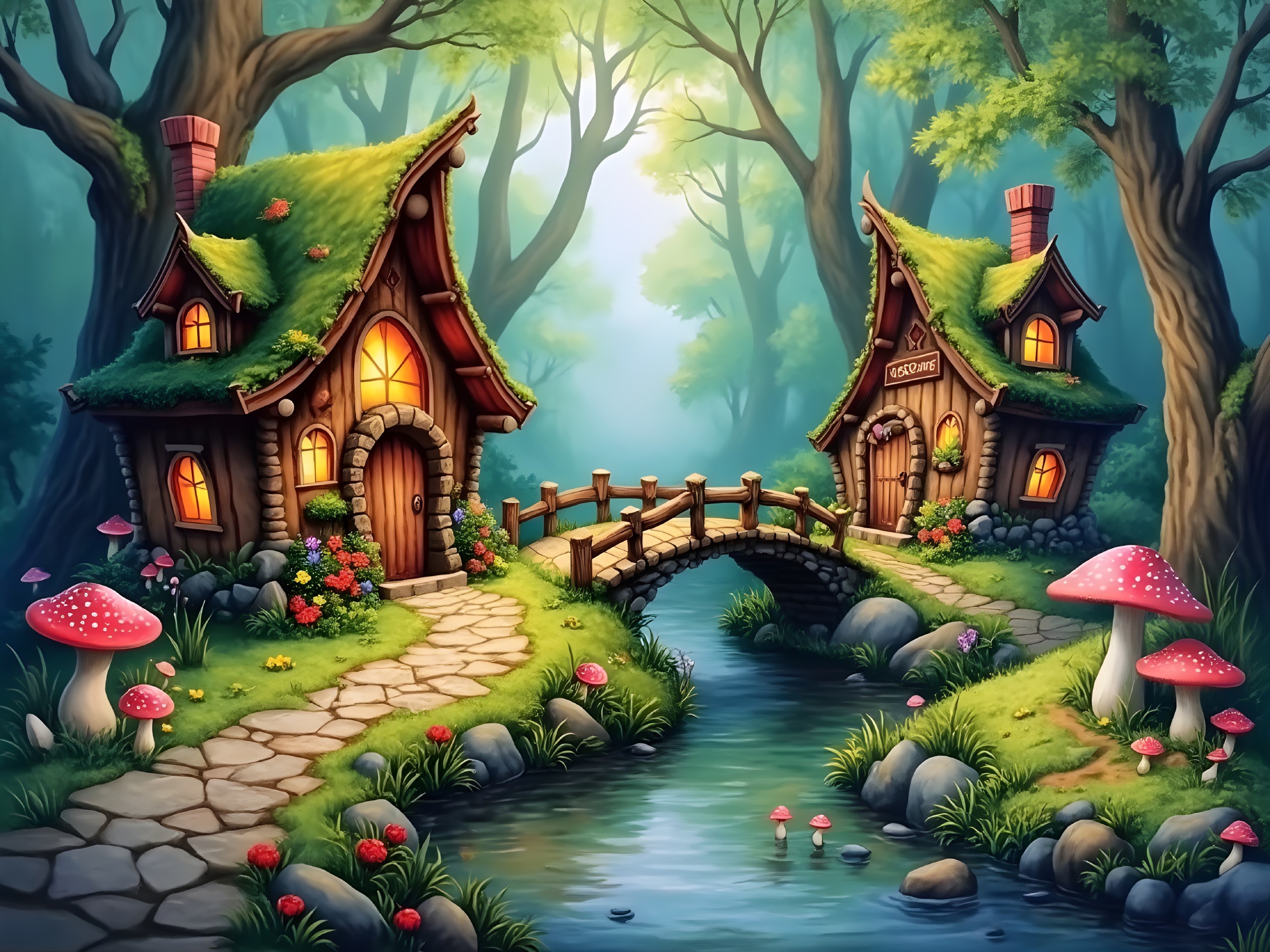 Whimsical Forest Scene with Cottages and Stream