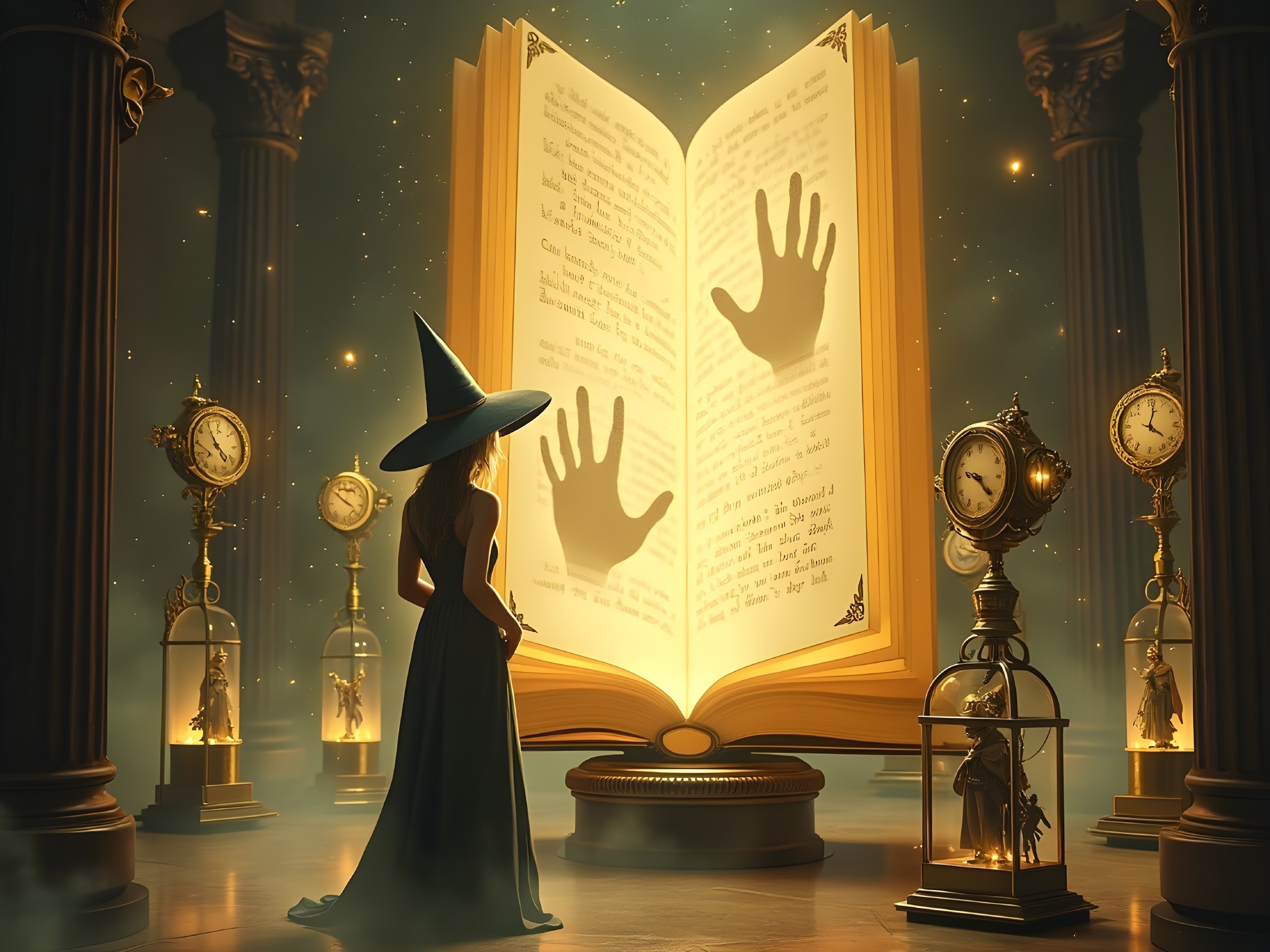 Mystical Library with Enchanted Book and Clocks
