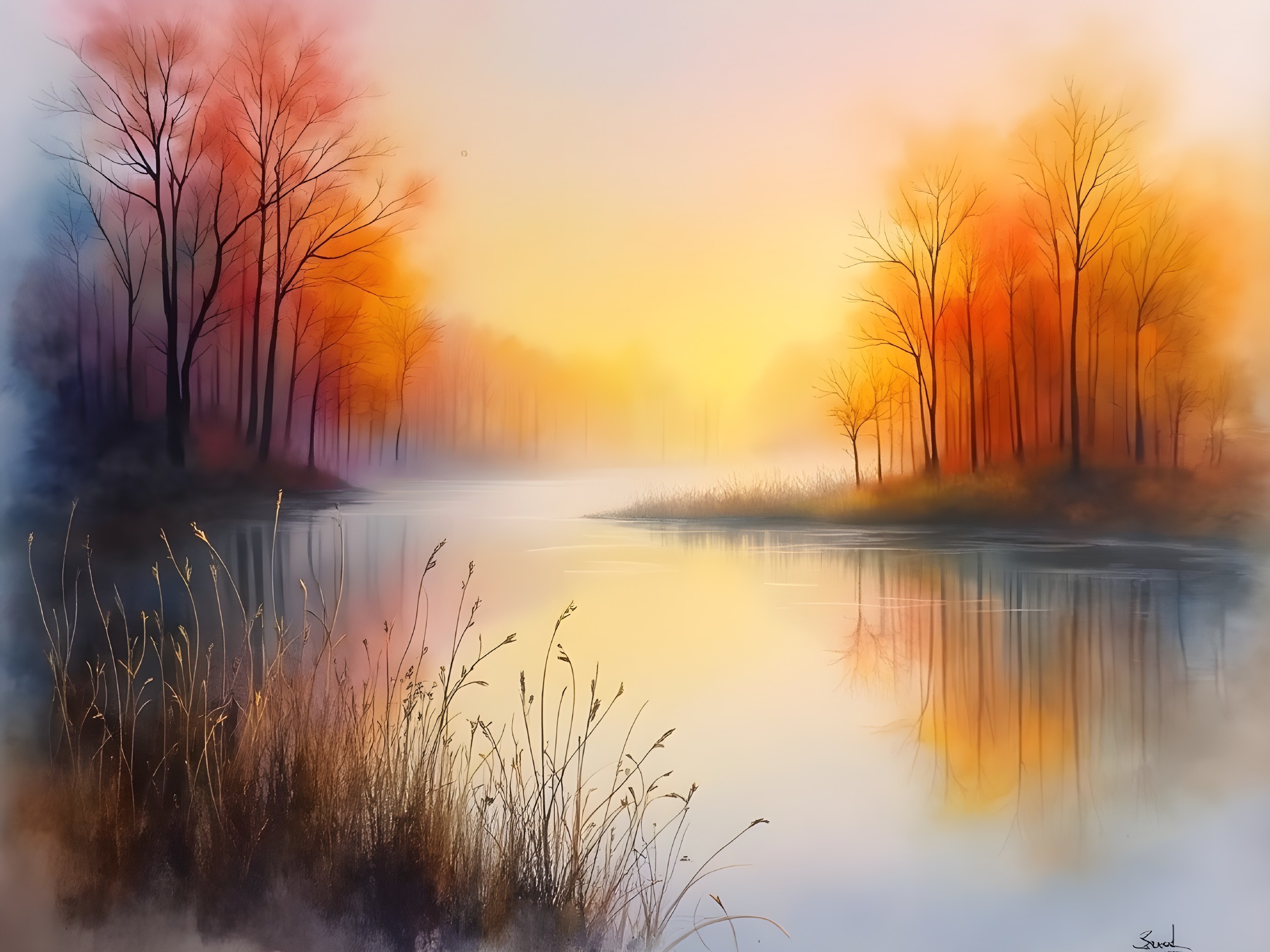 Tranquil River Landscape in Autumn Colors