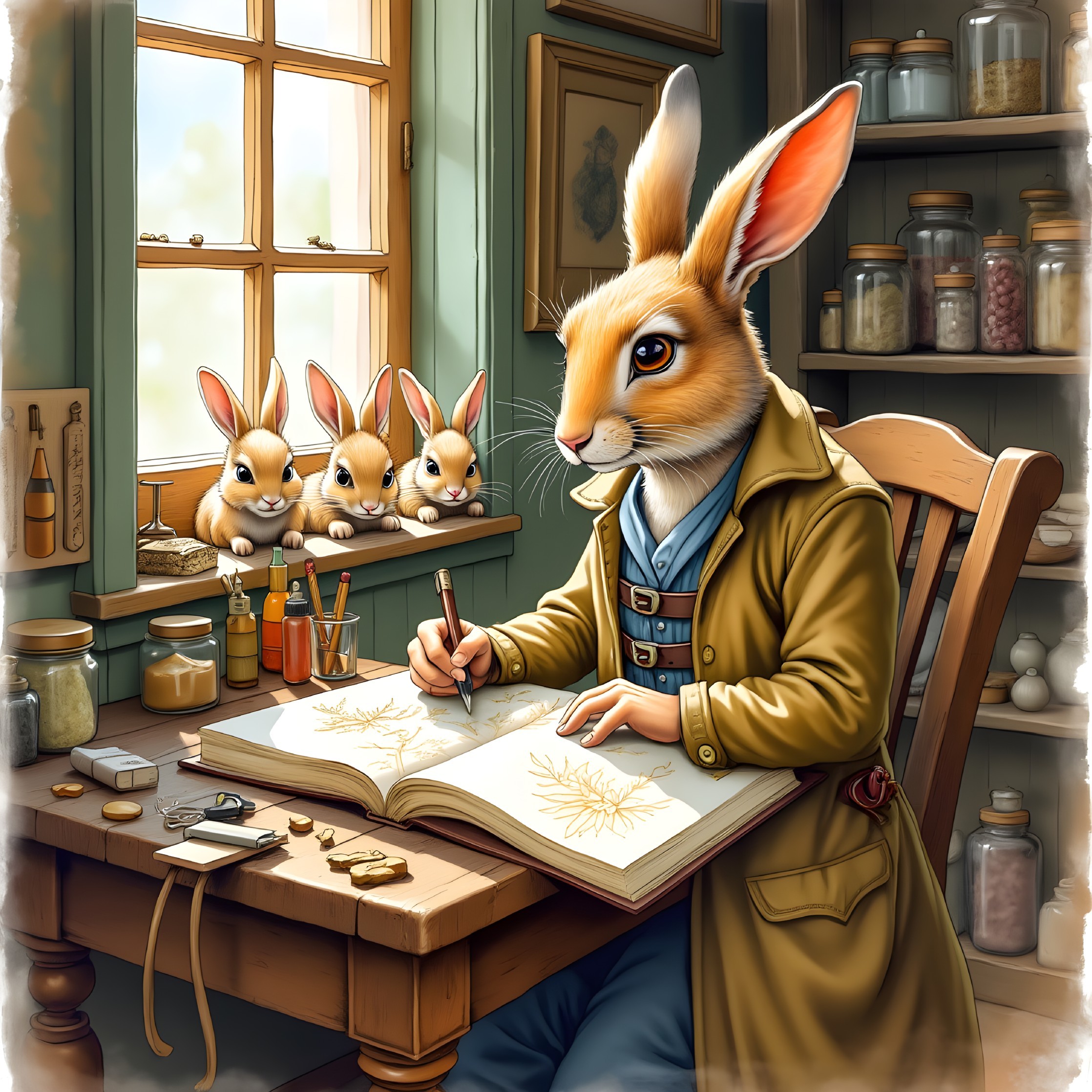 Rabbit Artist Sketching Botanical Illustrations in Workshop