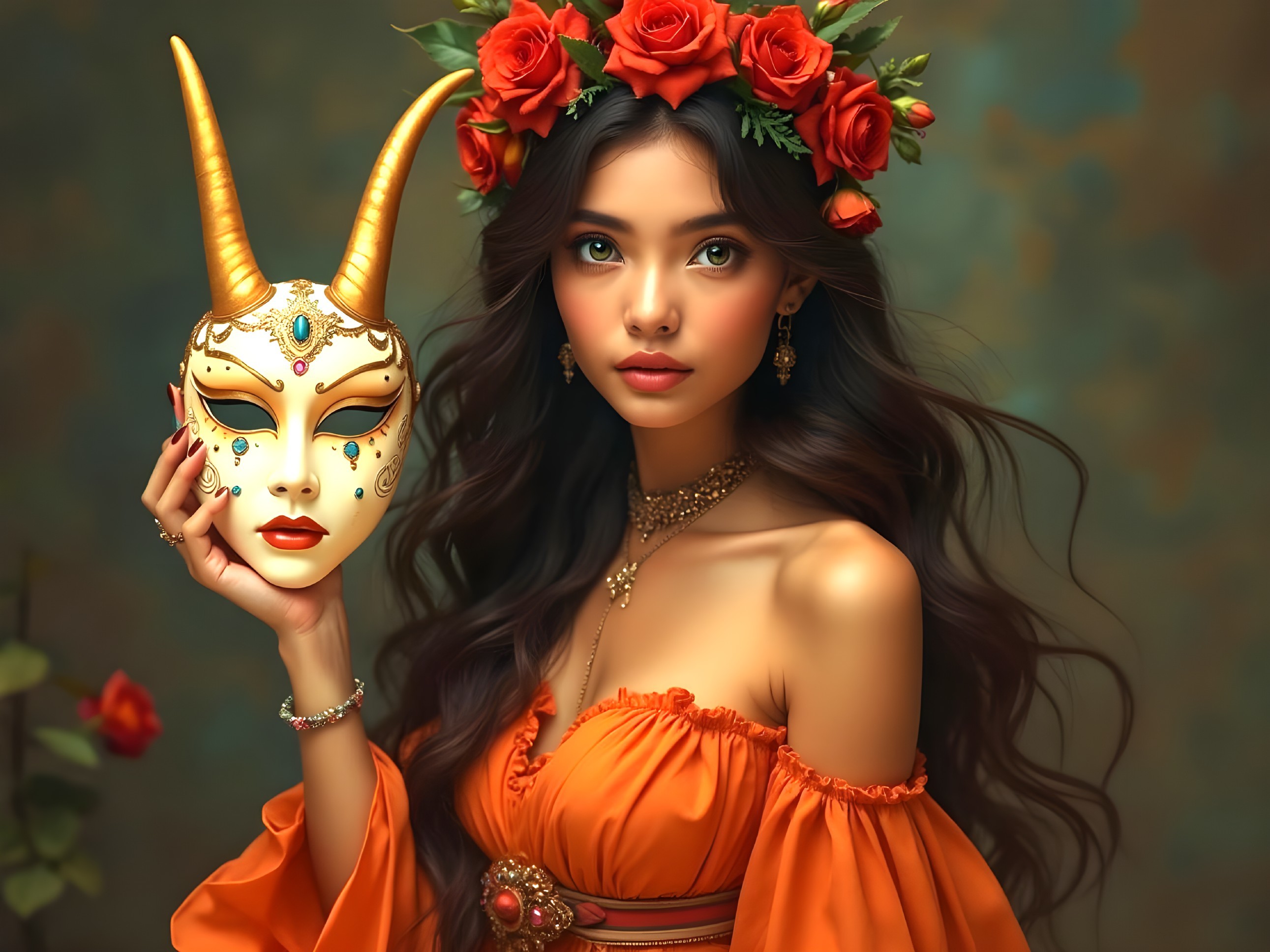 Elegant Woman in Orange Dress with Ornate Mask