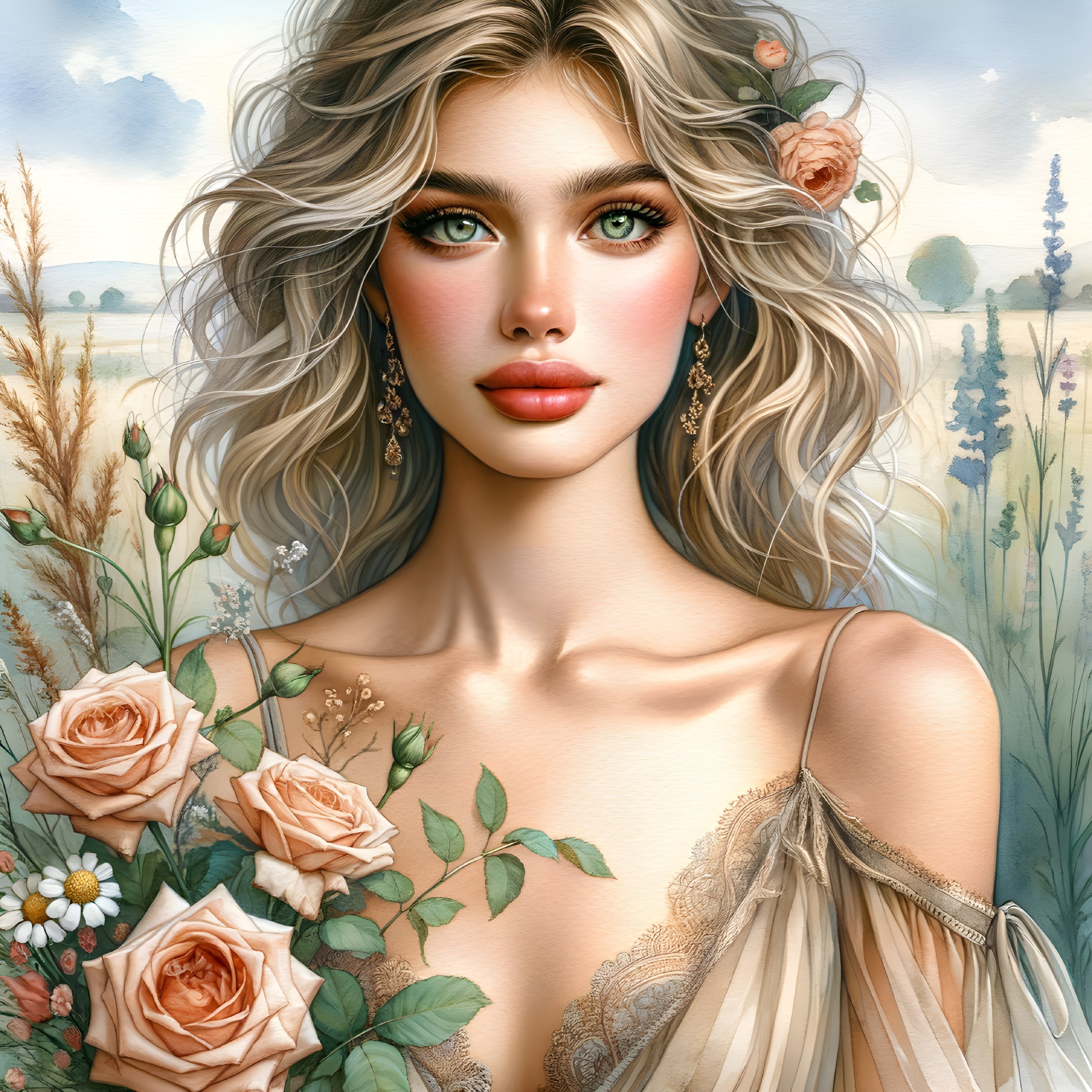 Young woman with flowers in hair in serene landscape