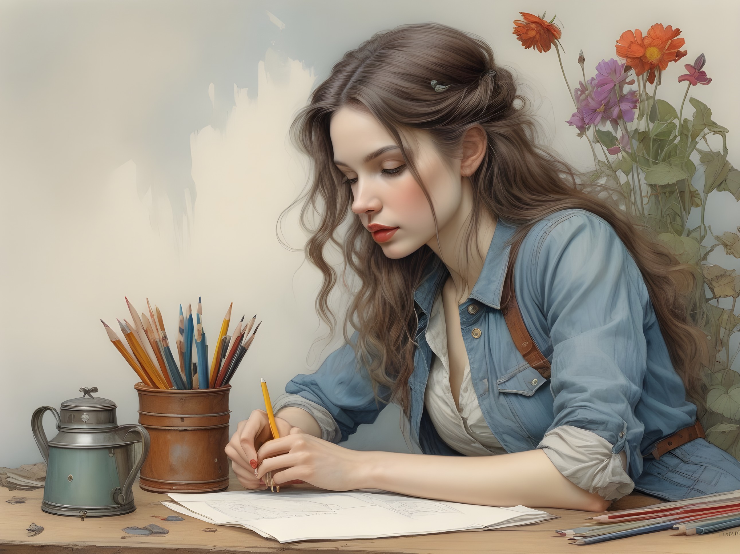 Young woman sketching at a table with flowers nearby