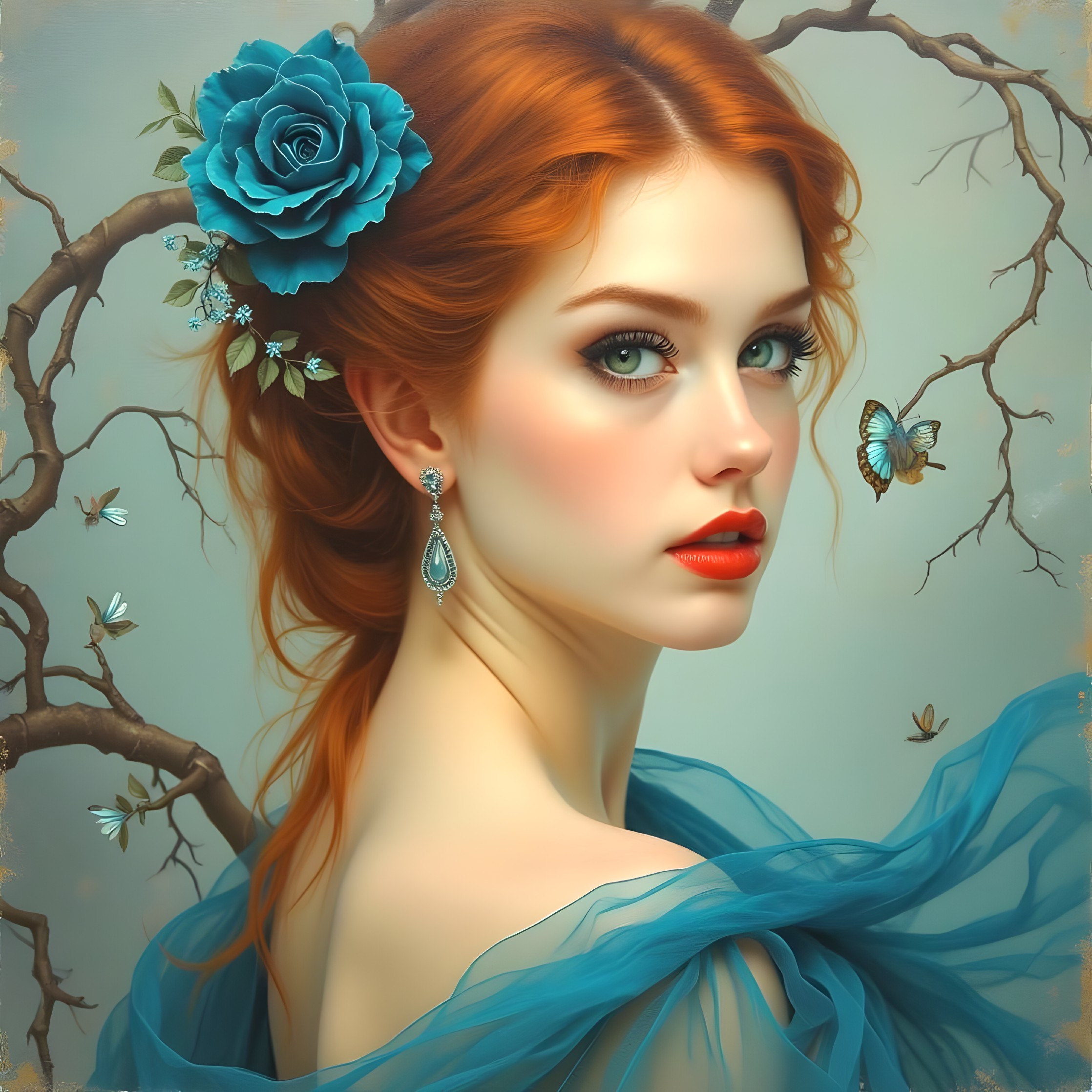 Elegant Young Woman with Red Hair and Blue Rose
