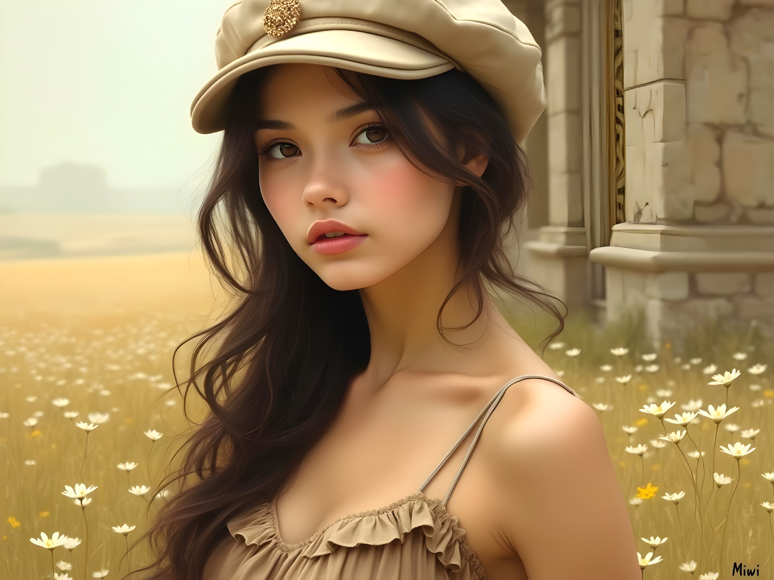 Young woman in cap among wildflowers with vintage backdrop