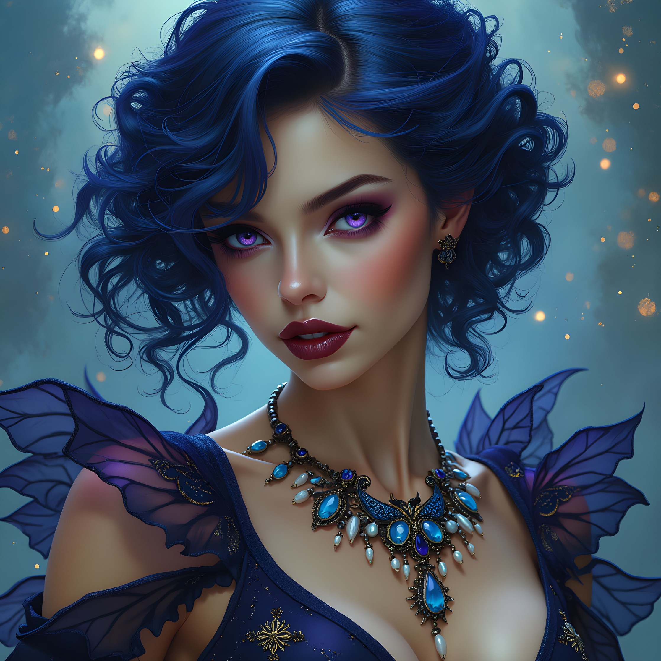 Vibrant Woman with Blue Hair and Ethereal Wings