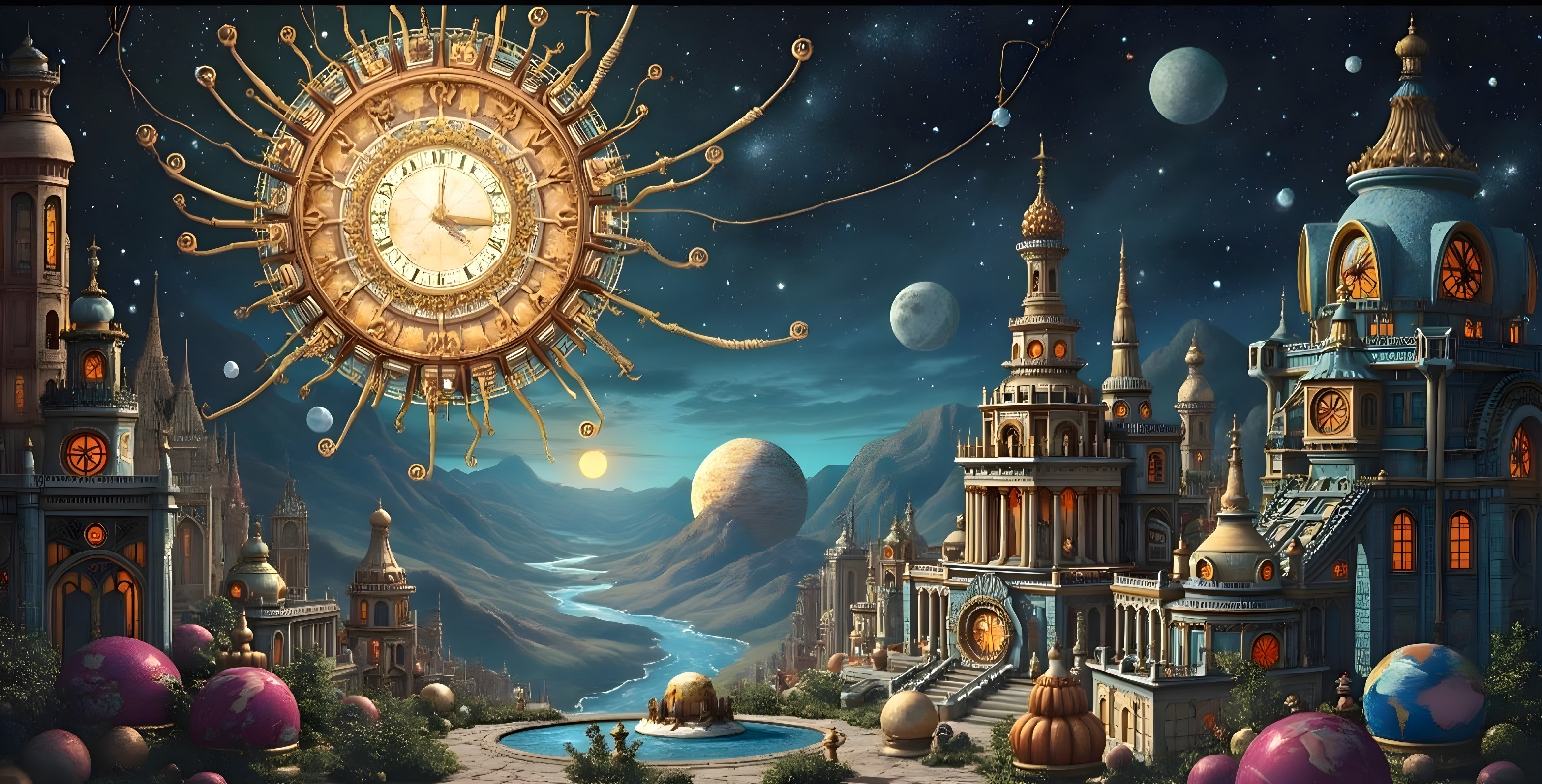 Fantastical Landscape with Golden Domes and Celestial Clock