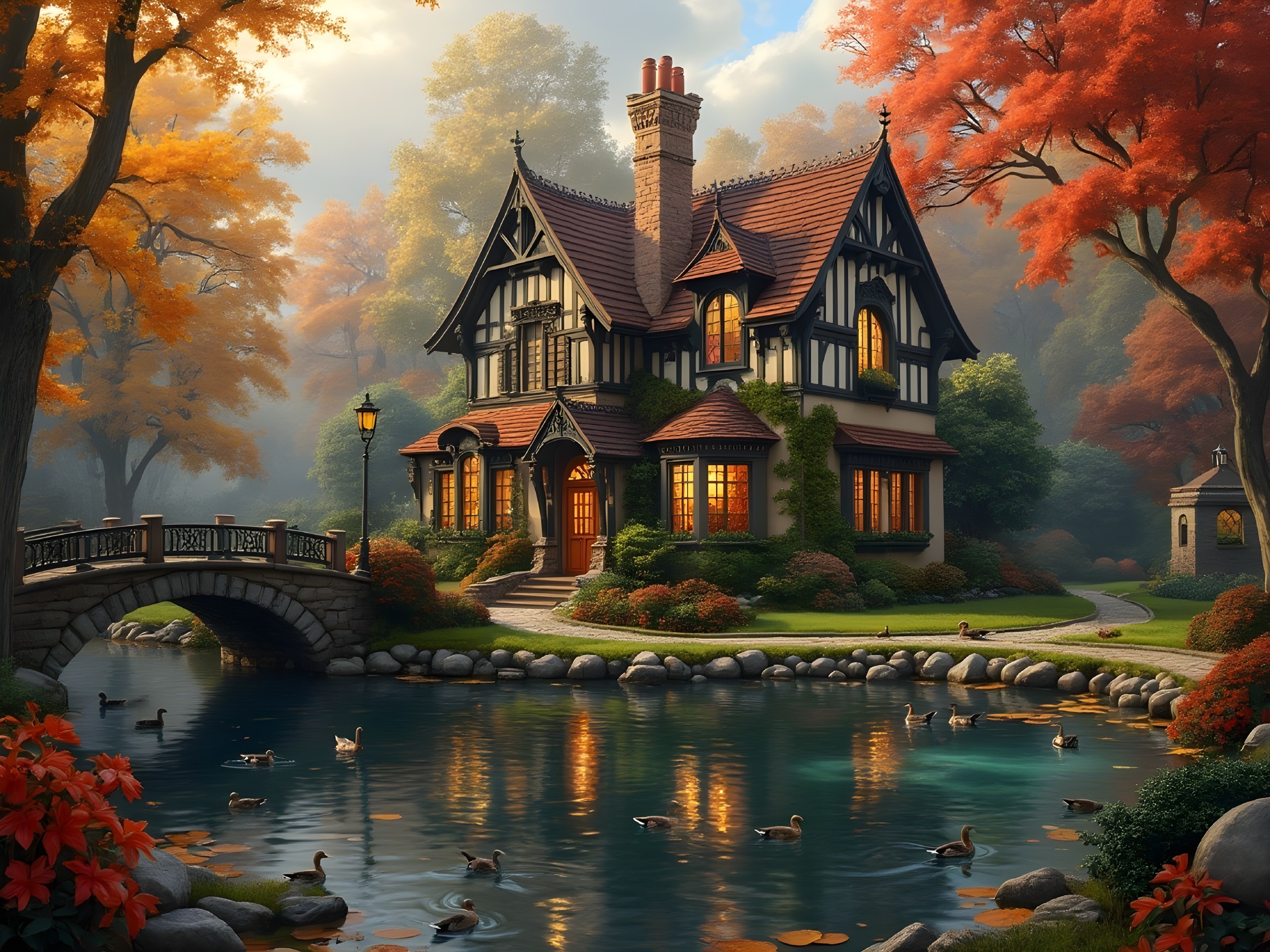 Tudor-style house by a serene pond in autumn