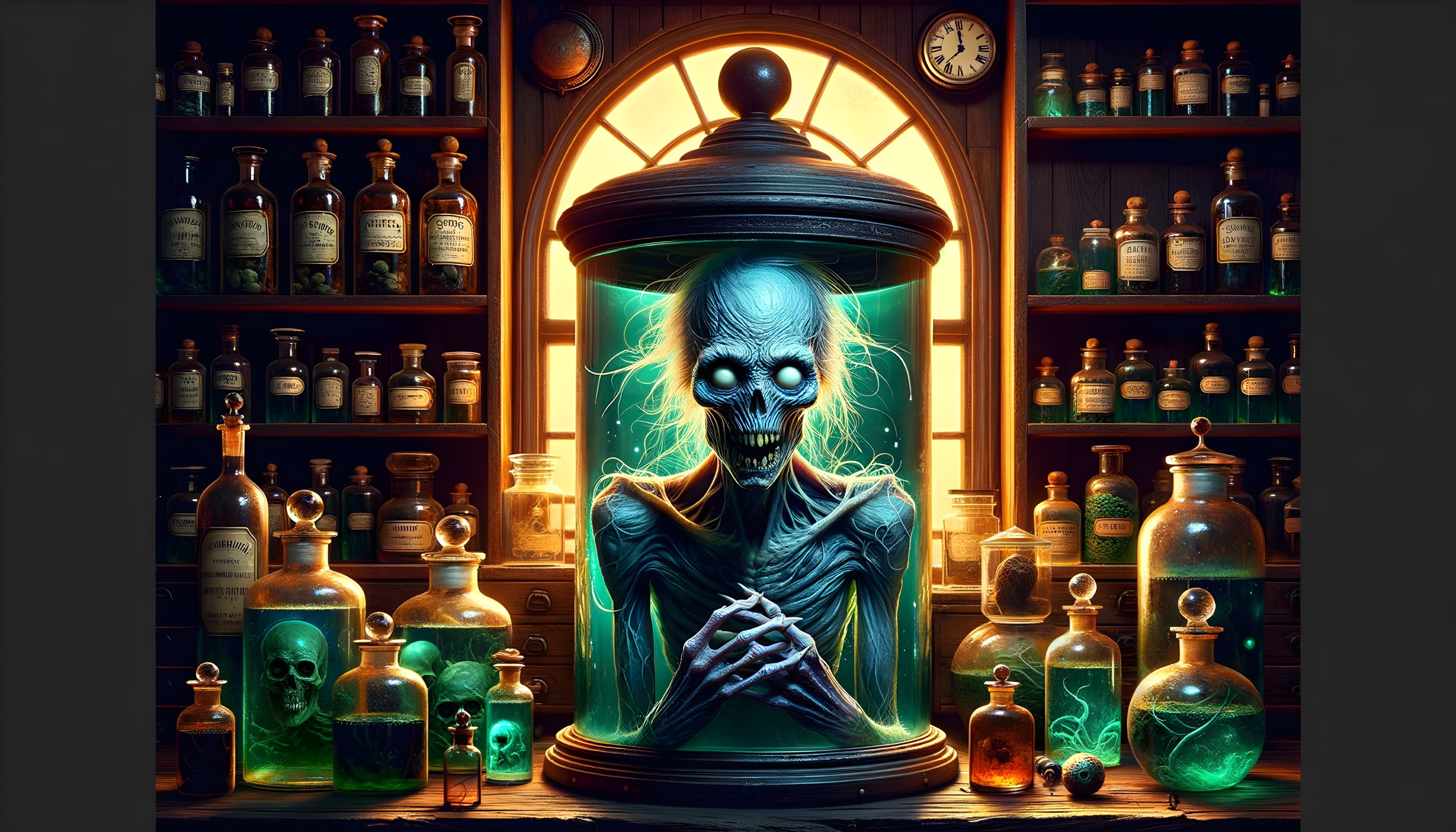 Mysterious Laboratory with Skeletal Figure in Chamber