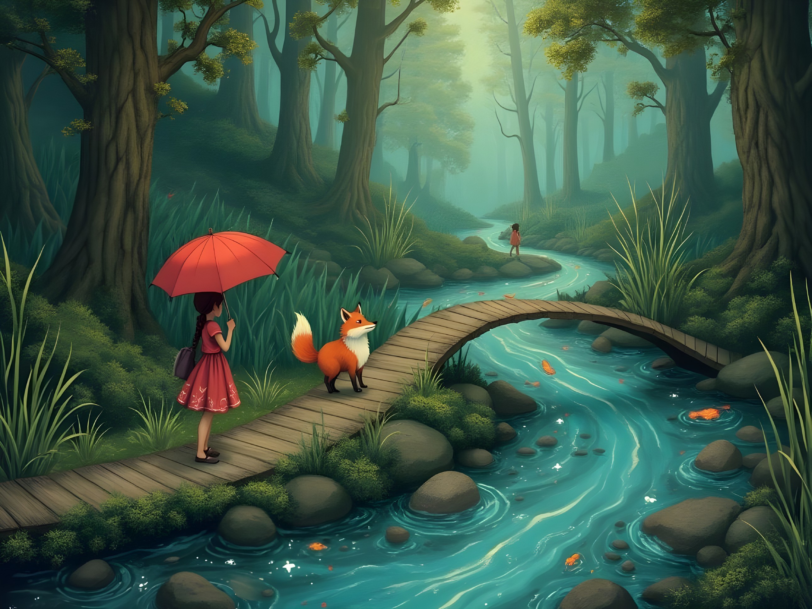 Young girl in red dress on bridge in enchanted forest