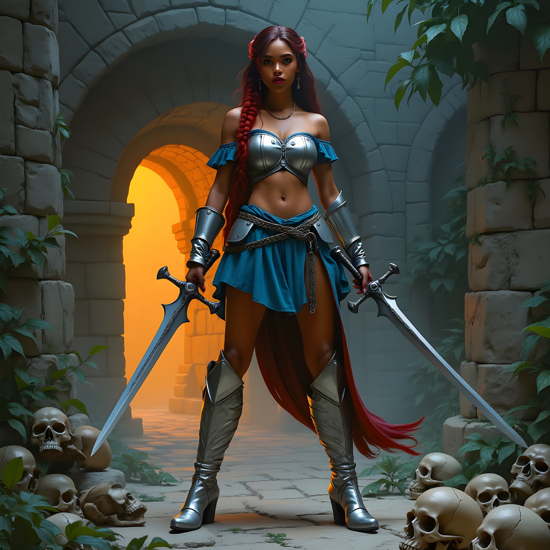 Warrior in Ancient Corridor with Gleaming Swords
