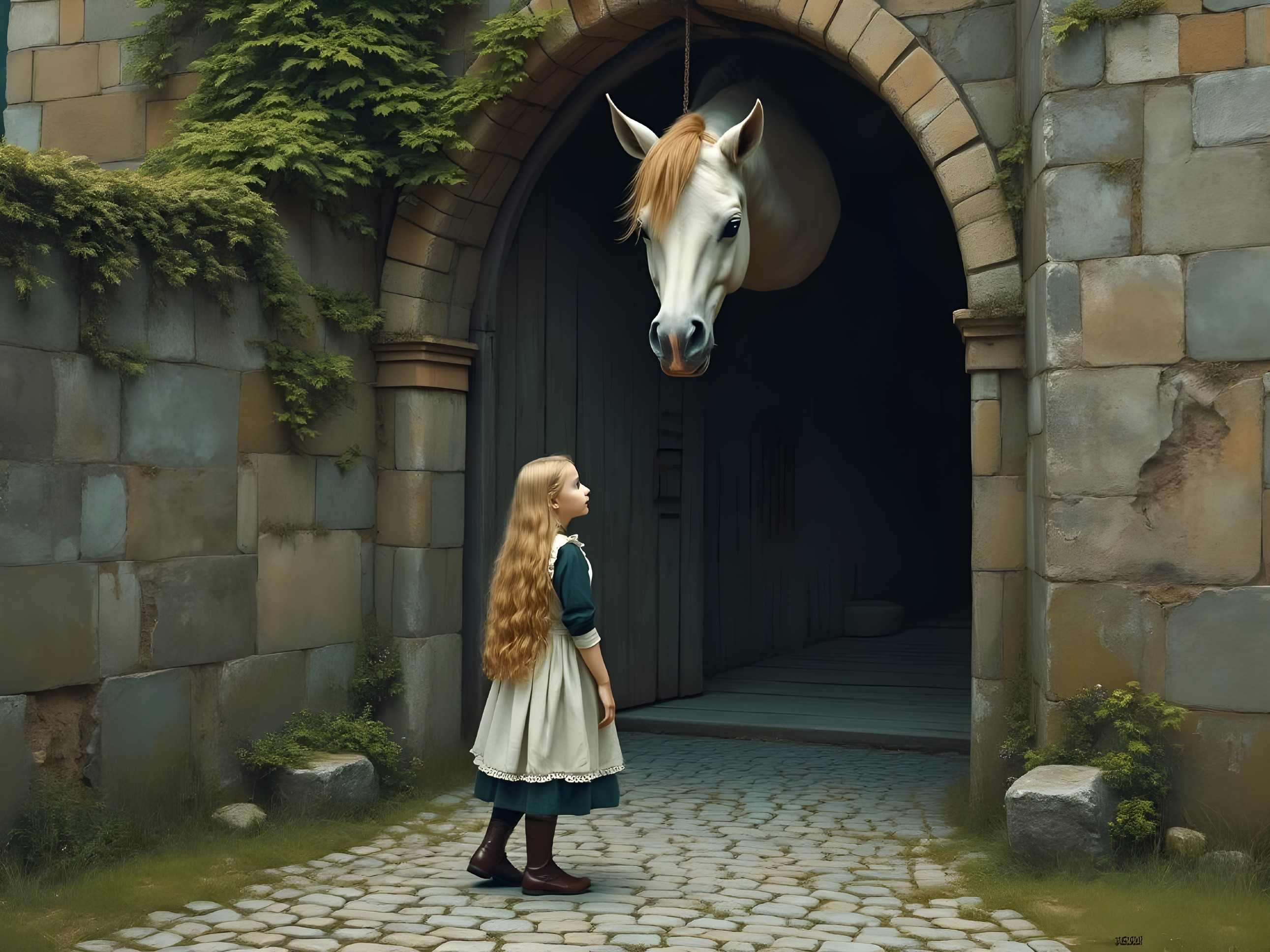 Medieval Scene of Girl and White Horse at Archway