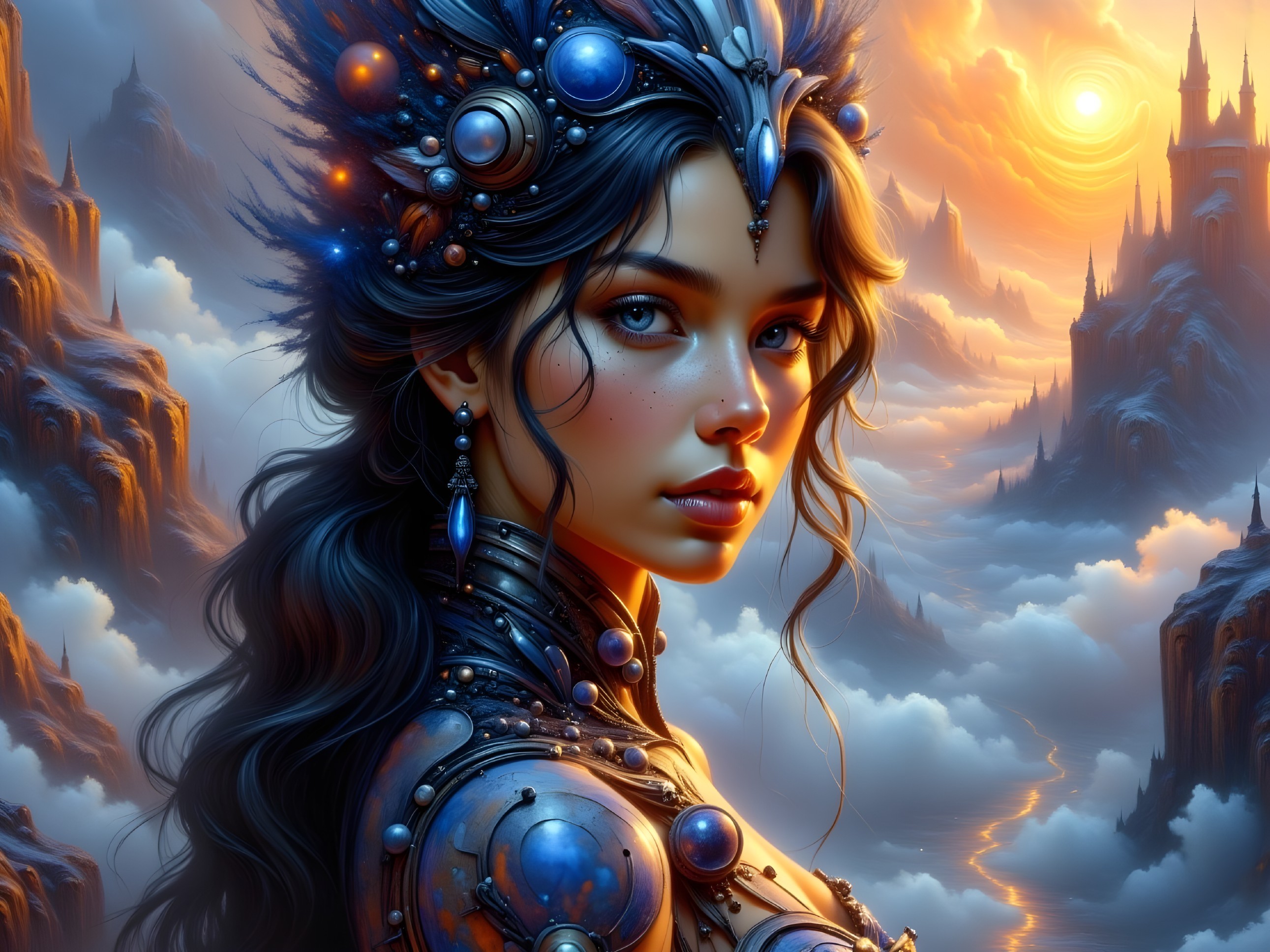 Female figure in jeweled crown and intricate armor
