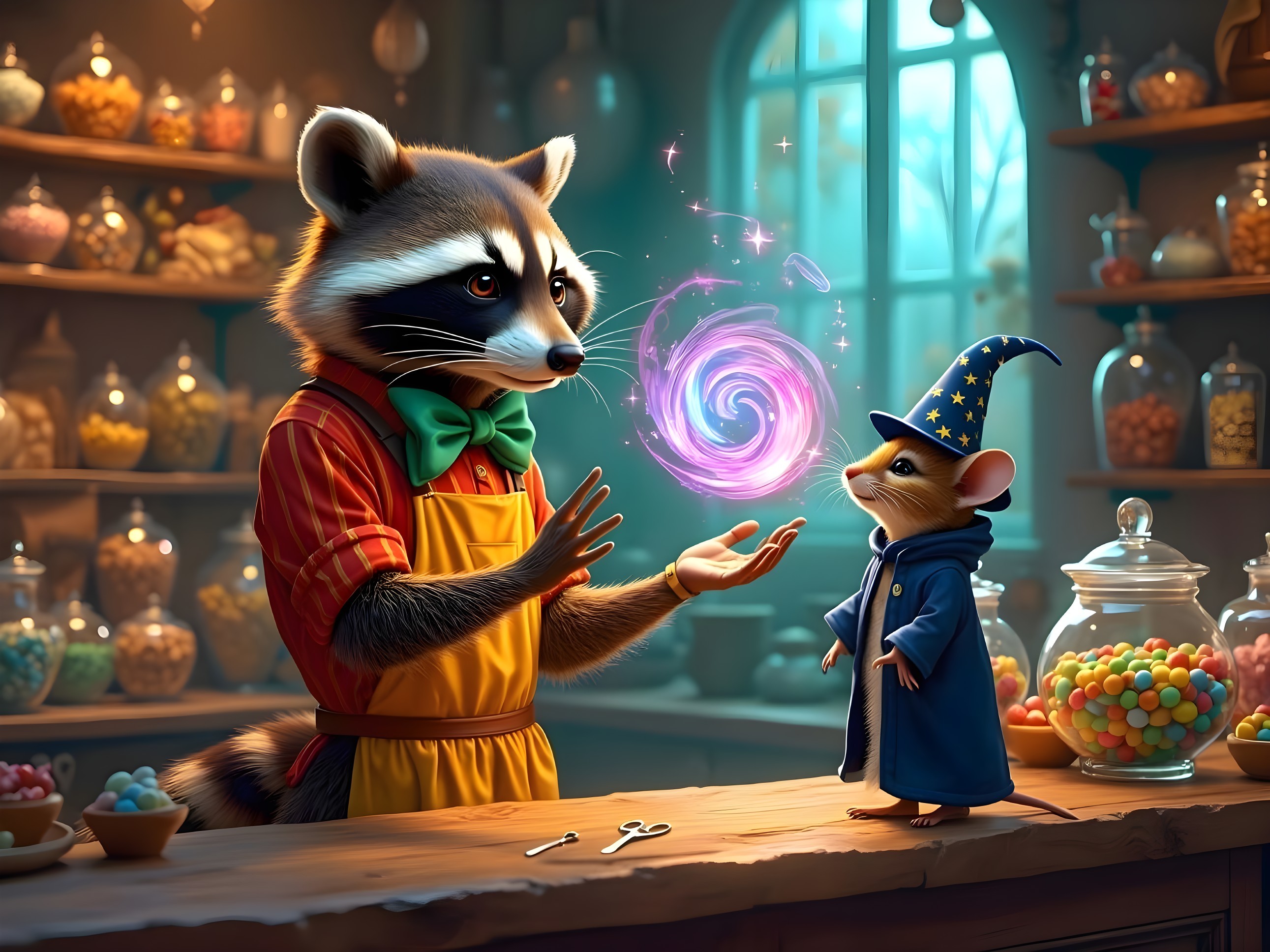 Whimsical Apothecary with Raccoon and Mouse Characters