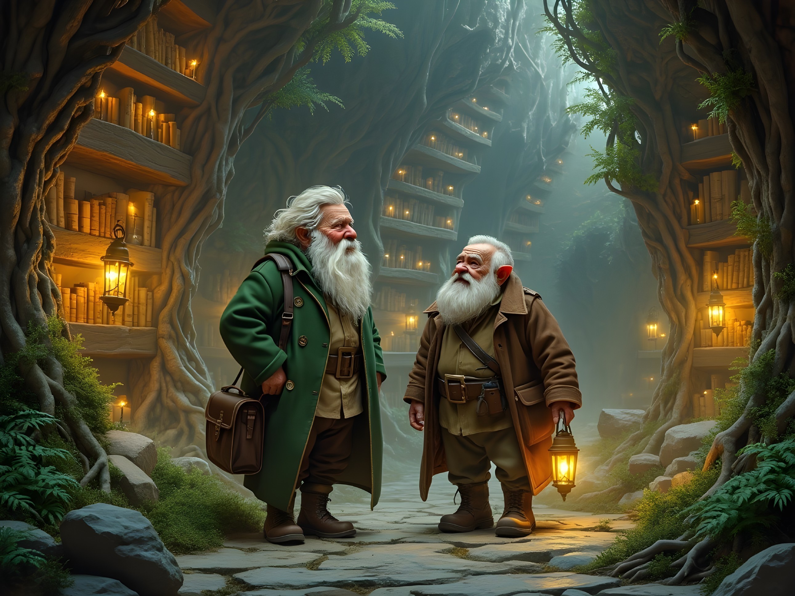 Elderly Dwarves in a Mystical Forest with Glowing Books