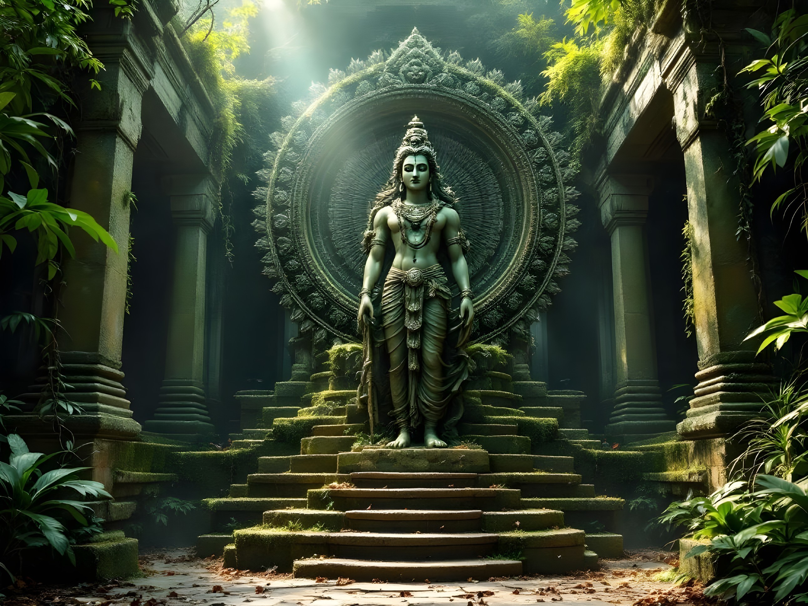 Statue of a deity in overgrown temple ruin