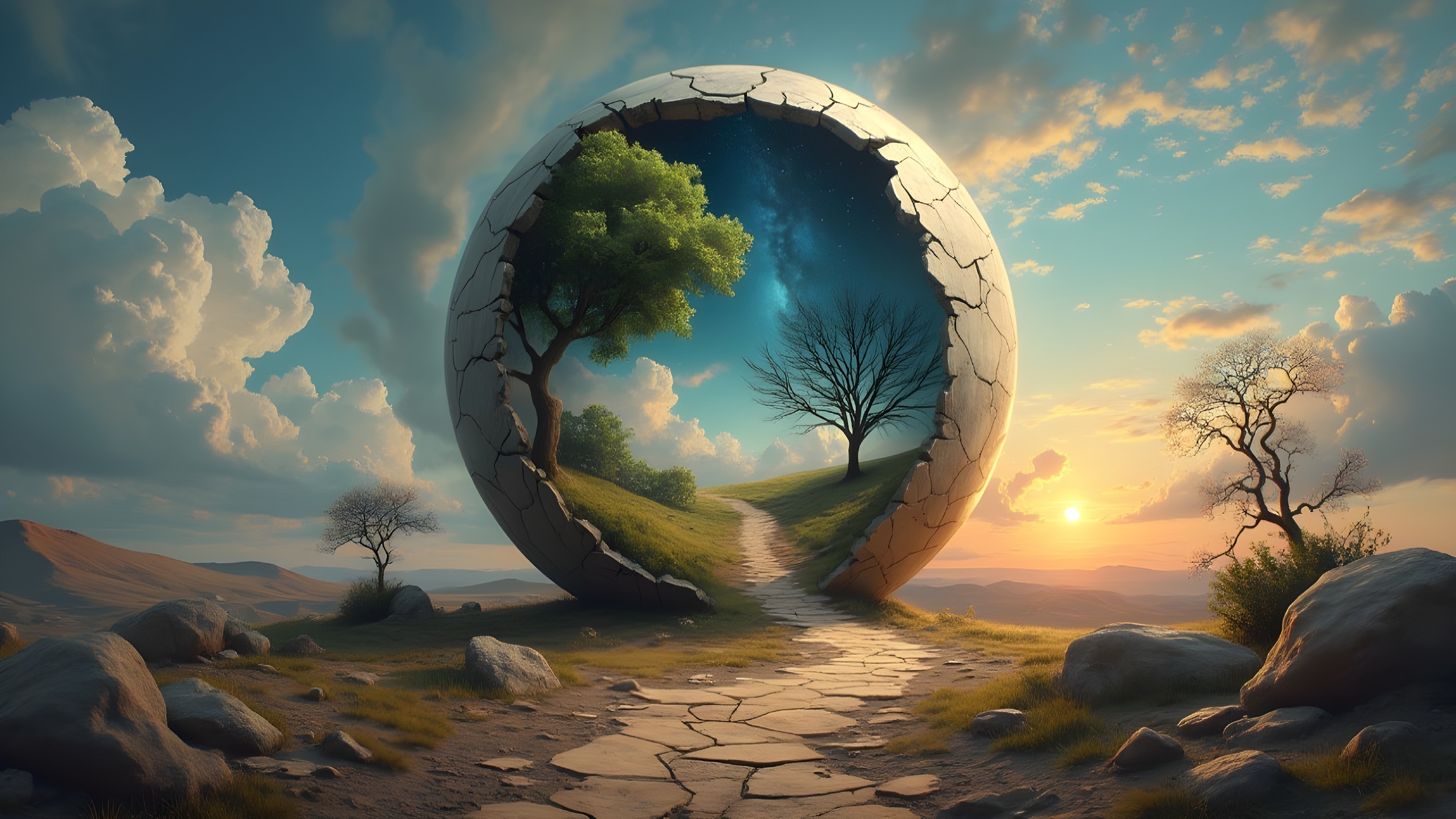 Surreal Landscape with Cracked Sphere and Trees