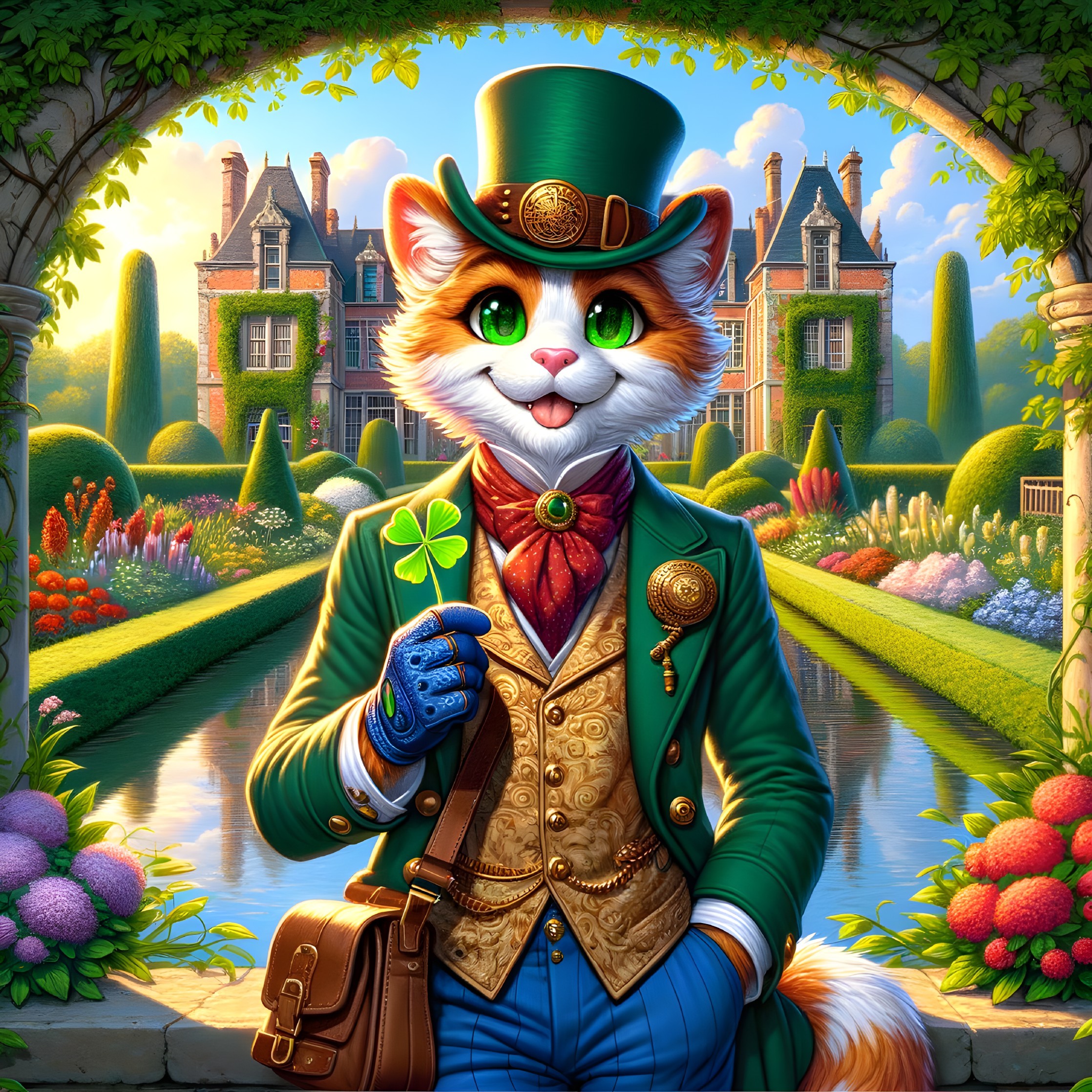 Anthropomorphic cat in green suit in vibrant garden