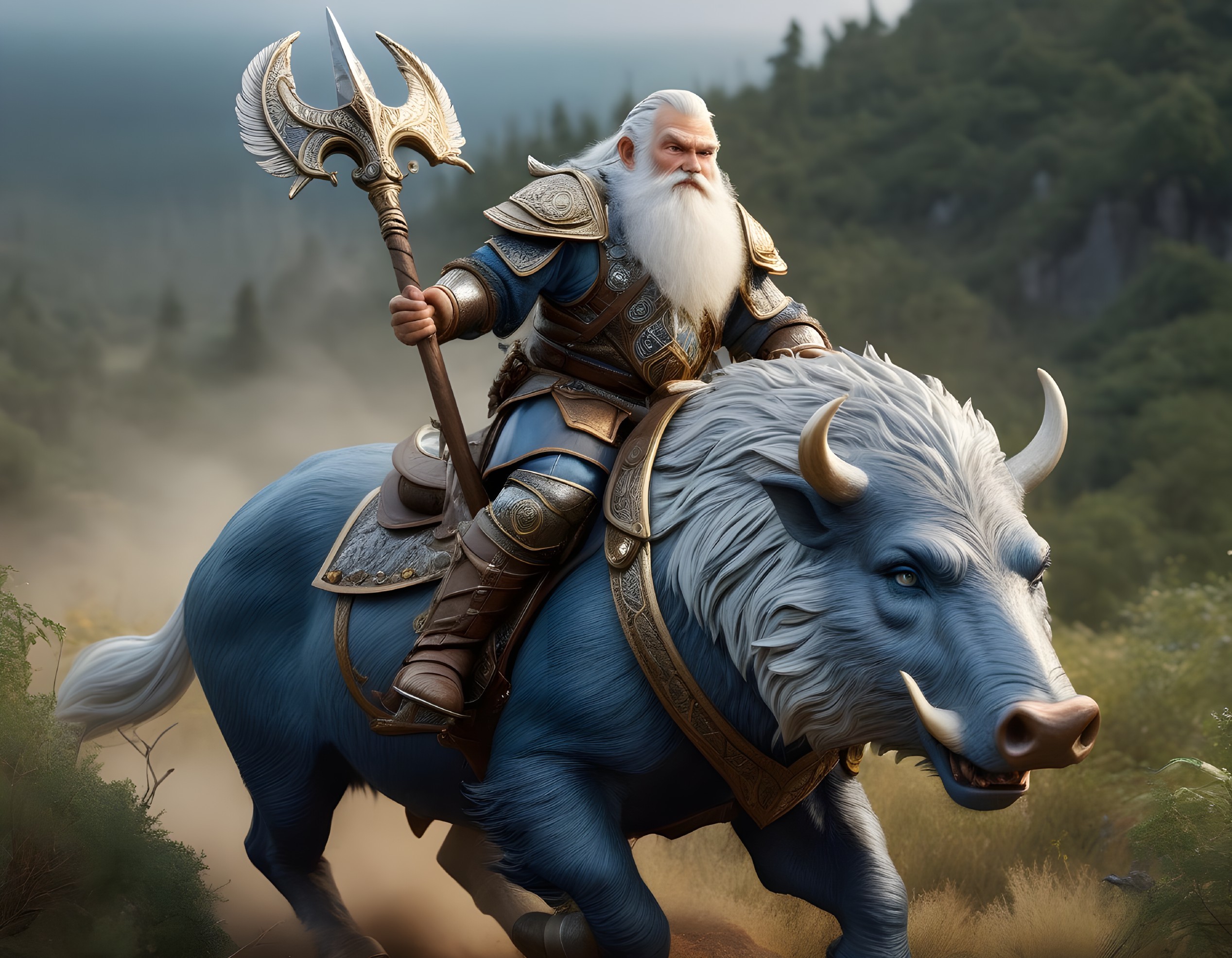 Bearded Warrior in Blue Armor Riding Giant Boar