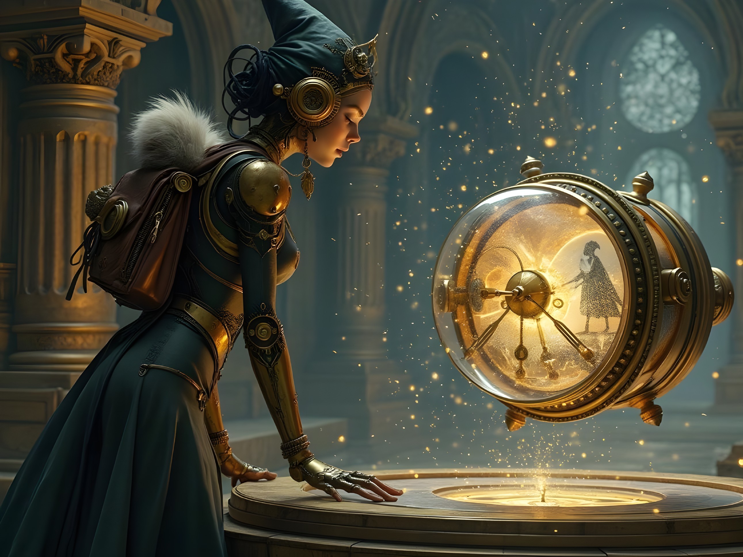 Steampunk Woman Observes Glowing Hourglass Device