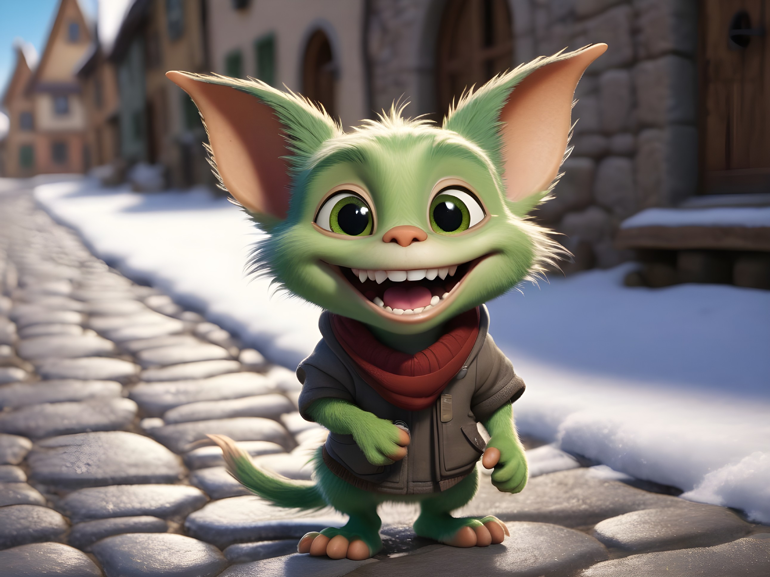 Animated Green Creature on Cobblestone Street