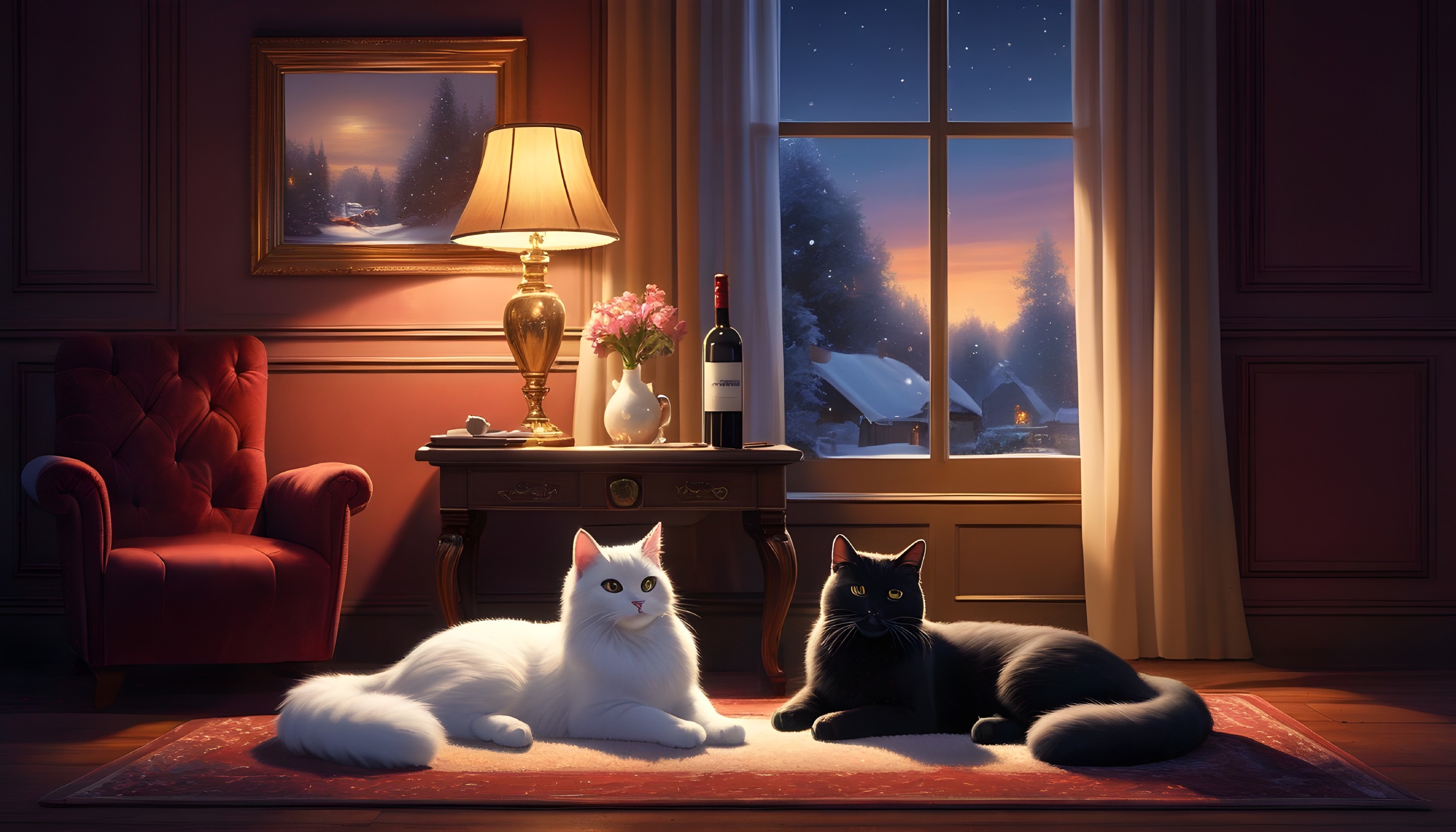 Cozy Room with Cats, Vintage Lamp, and Winter View