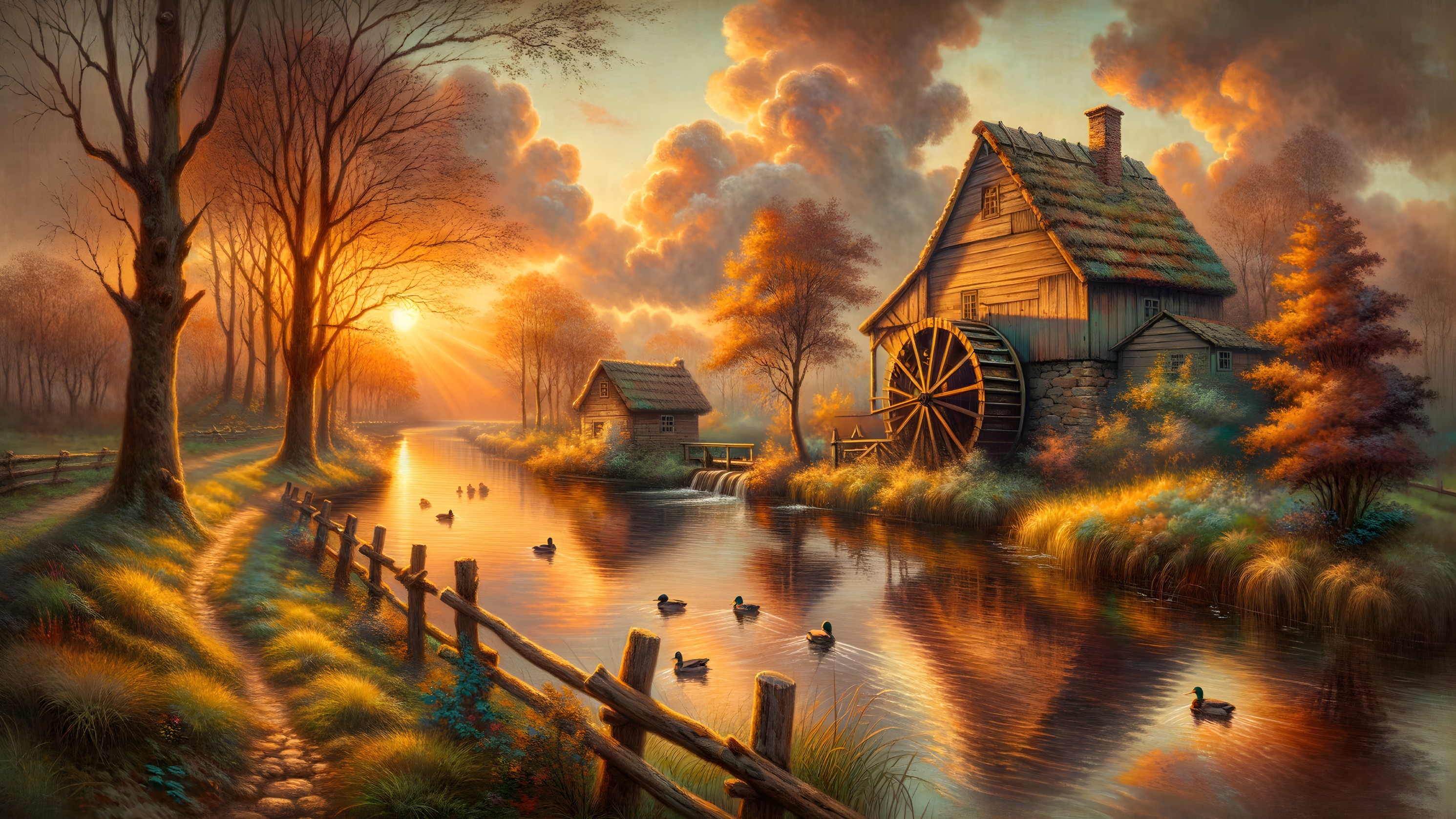 Serene River Sunset with Rustic Cottages and Watermill